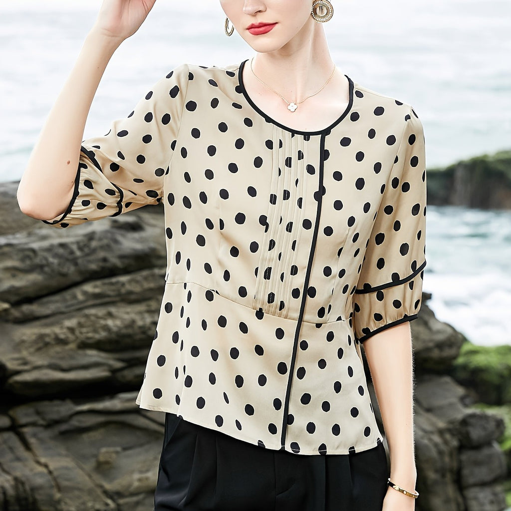 Women's Short Sleeve Blouse - Chic Polka Dot Asymmetrical Hem Round Neck Top