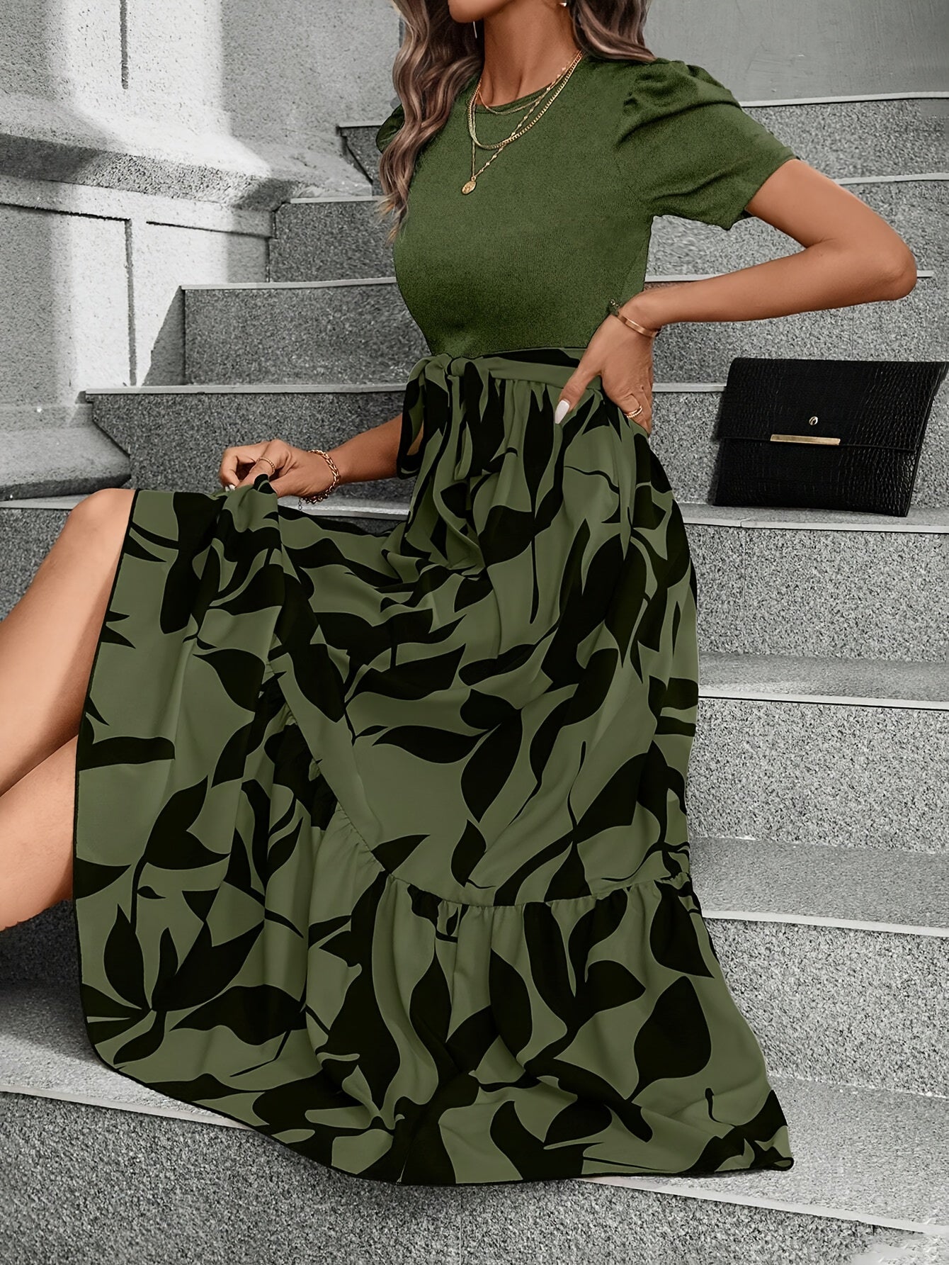 Print Midi Dress with Belt Short Sleeve