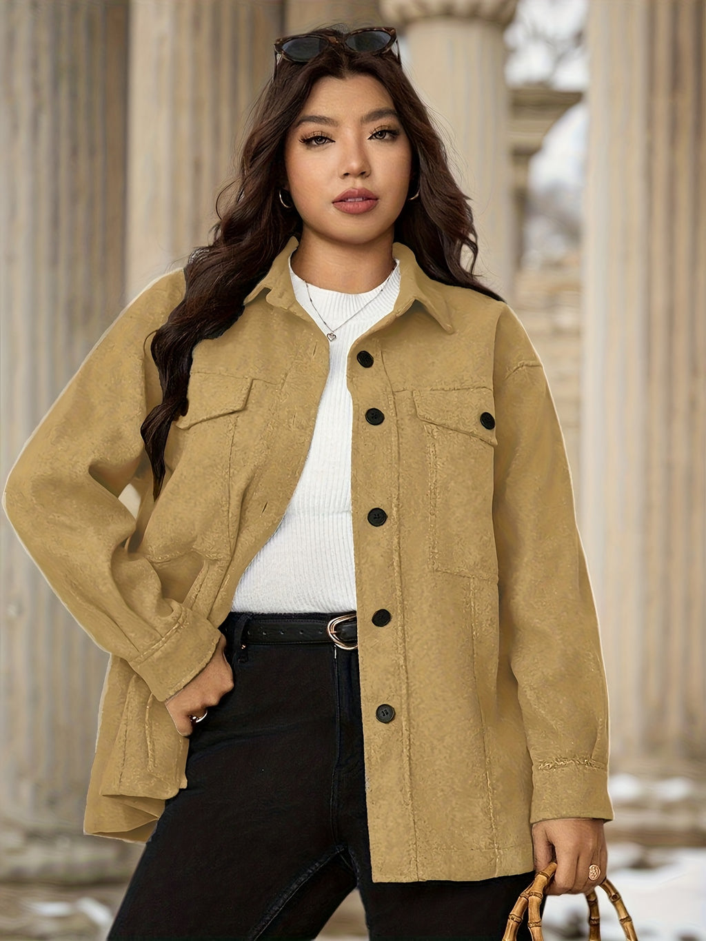 Plus Size Women's Casual Drop Shoulder Flap Pocket Shirt Mid-Weight