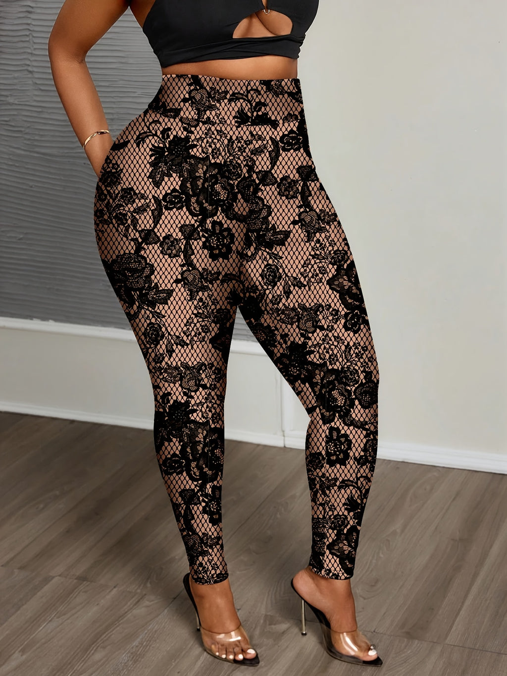 Women's Plus Size Floral Print Leggings - High Waist, Skinny Fit