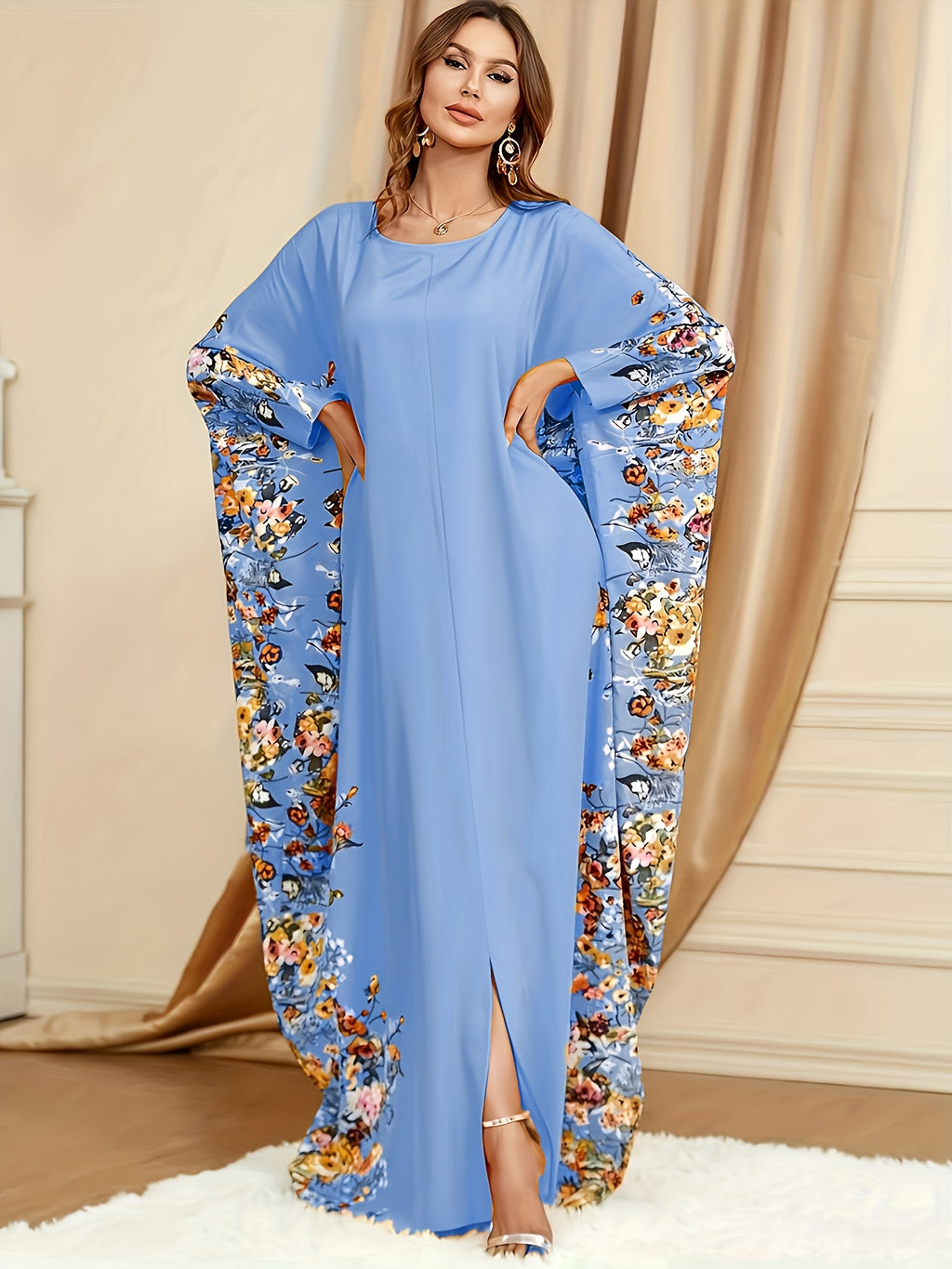 Floral Print Polyester Women's Elegant Batwing Sleeve Kaftan Dress