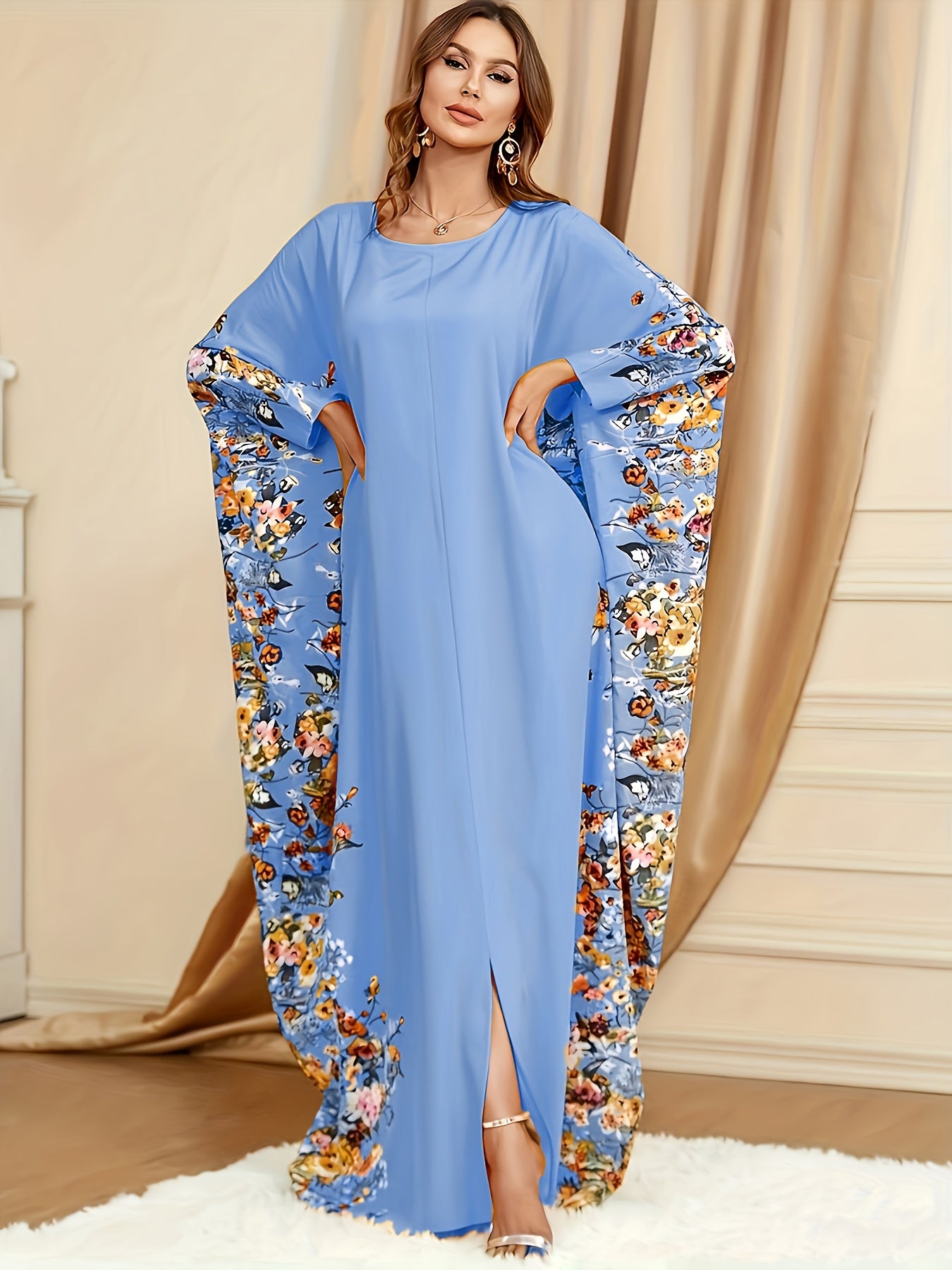 Floral Print Polyester Women's Elegant Batwing Sleeve Kaftan Dress