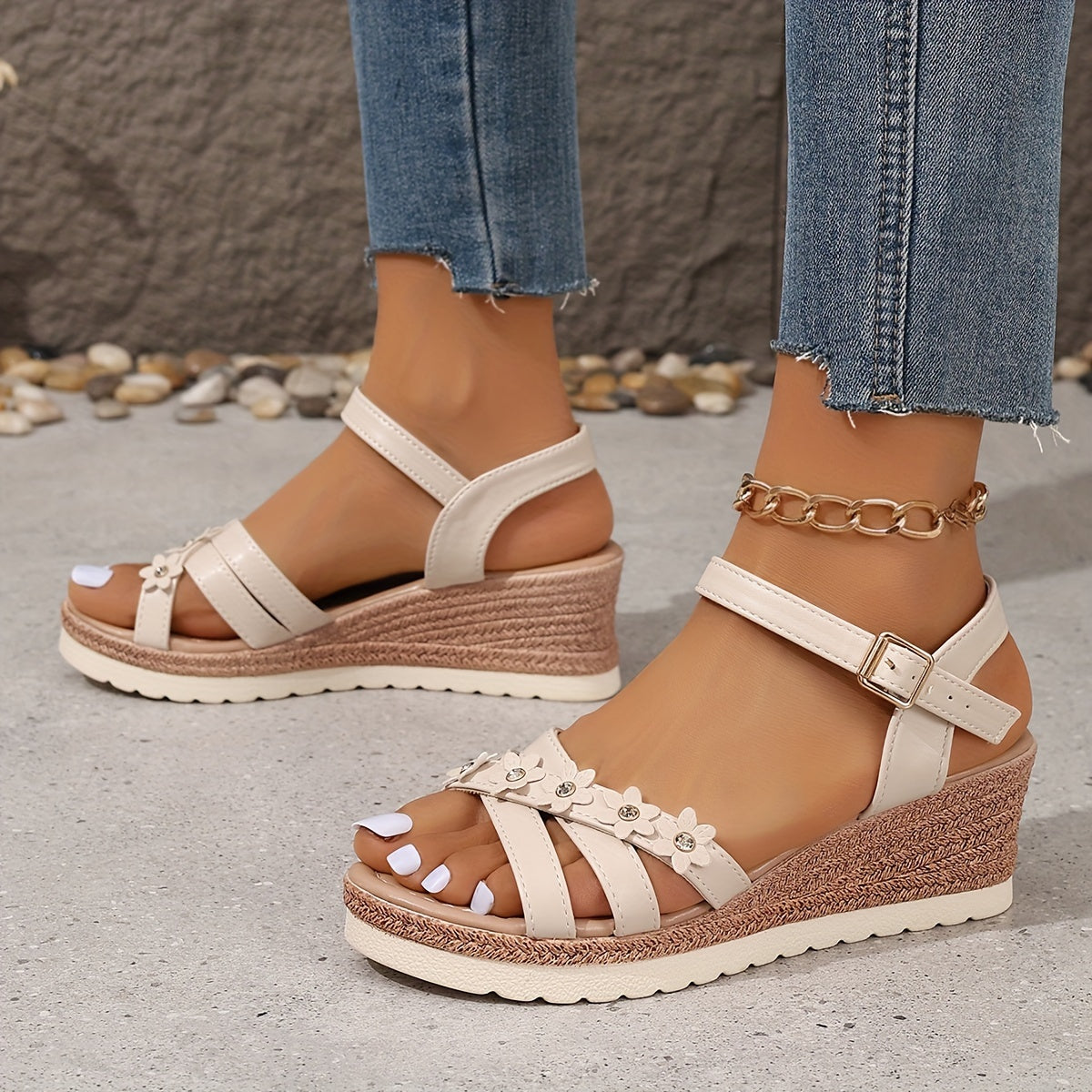 Women's Floral Strap Wedge Sandals, Vintage Platform Ankle-Stra Summer Fashion,