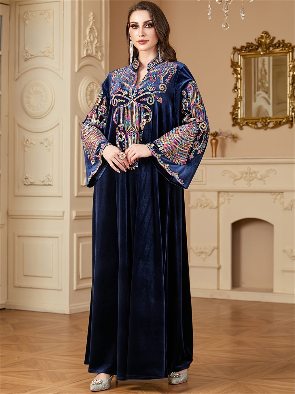 Women's Golden Velvet Abaya Kaftan - Floral Embroidery with Sequins, Long Sleeve Modest Dress