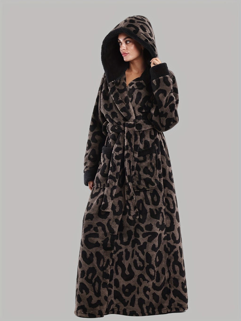 Leopard Print Series - Women's Autumn and Winter - Long Sleeve Hooded Bathrobe
