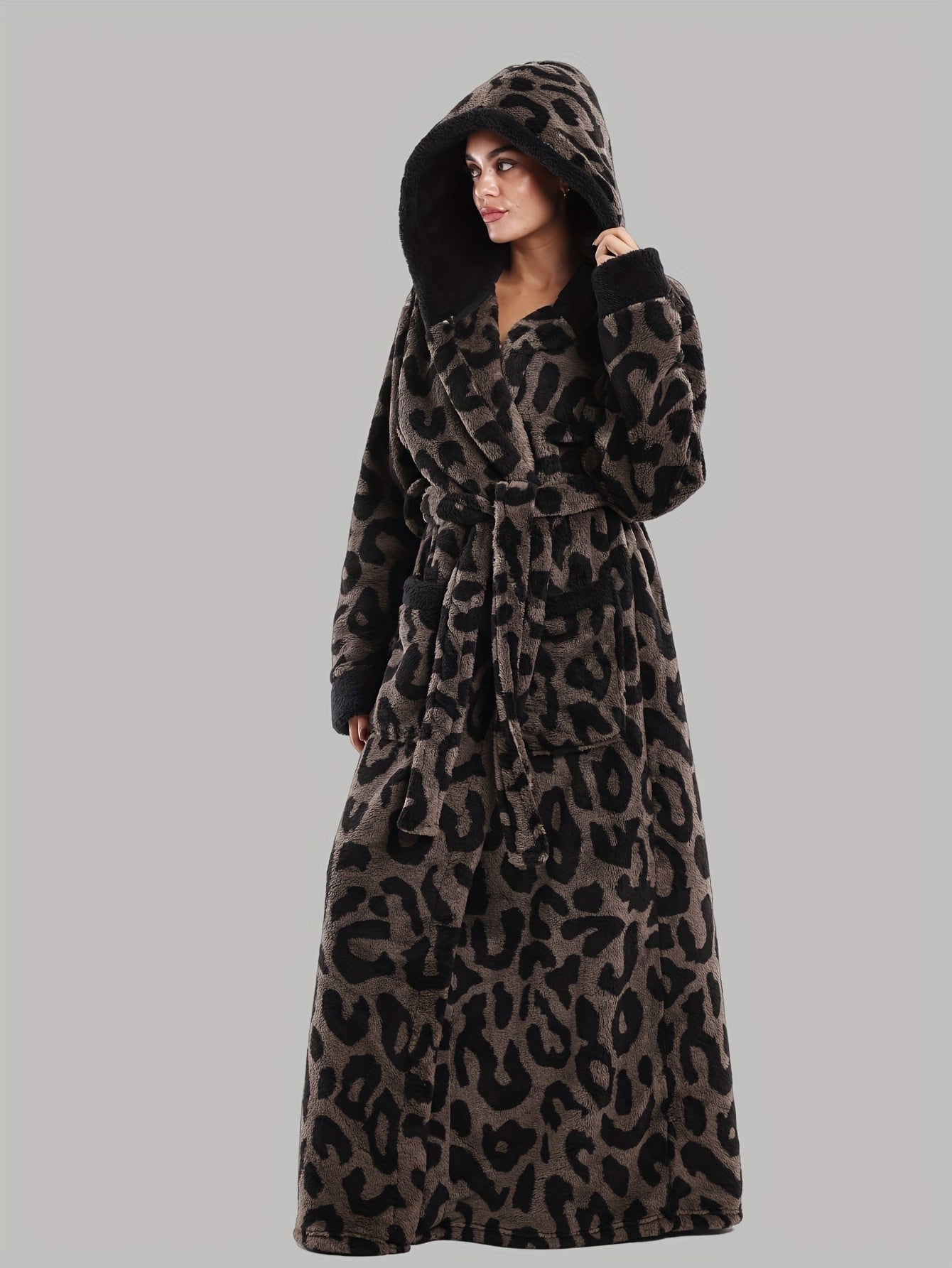 Leopard Print Series - Women's Autumn and Winter - Long Sleeve Hooded Bathrobe