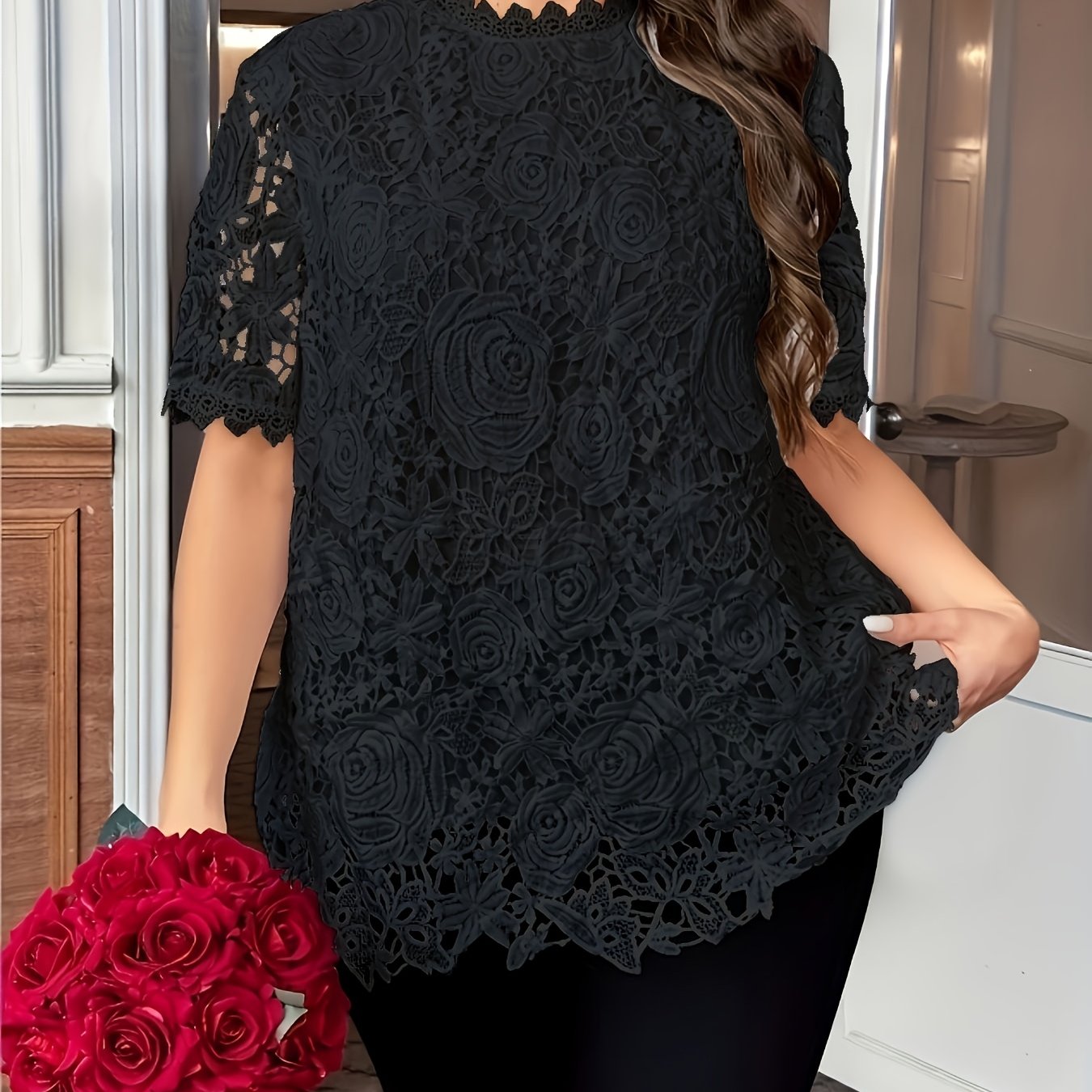 Floral Plus Size Women's Blouse, Crew Neck, Short Sleeve