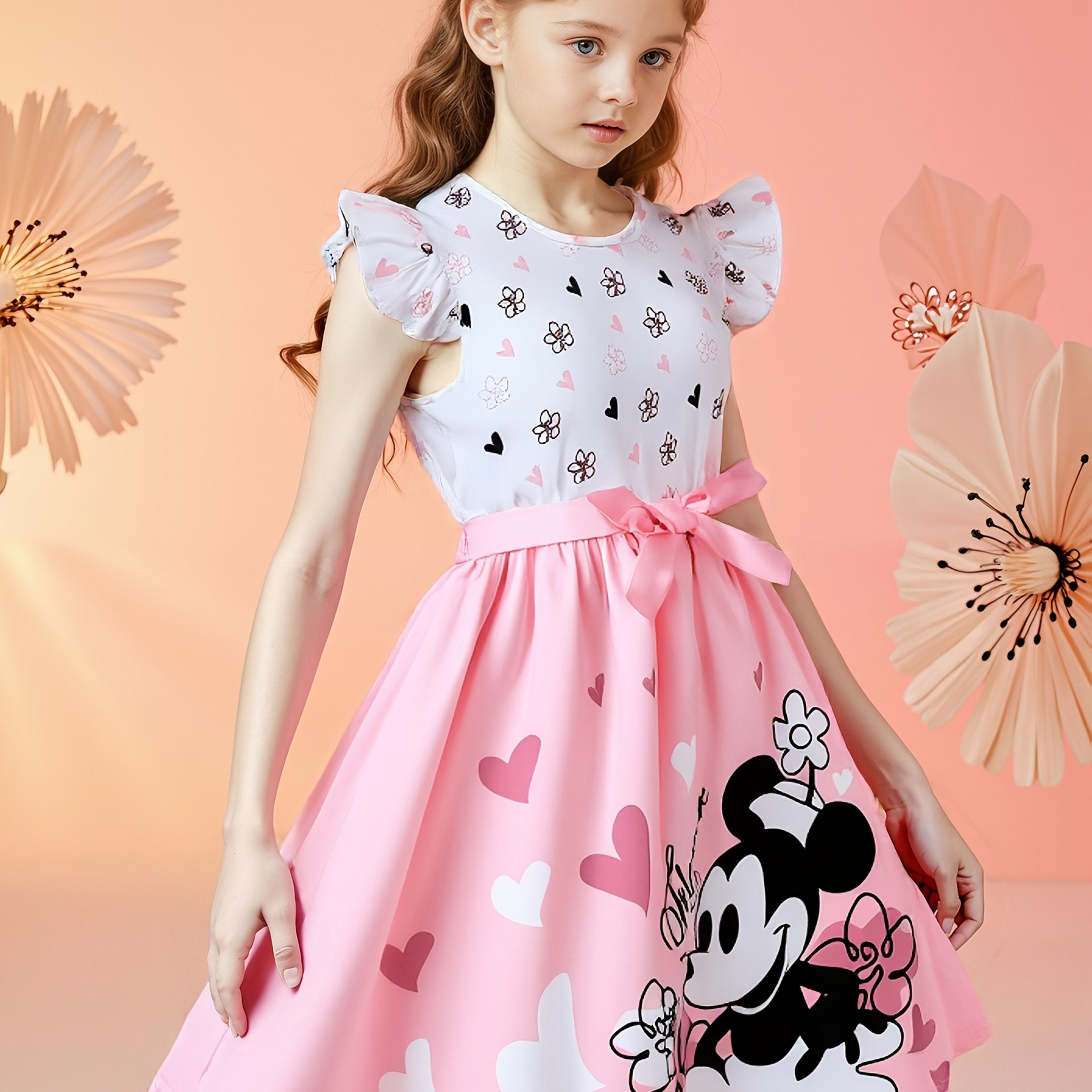 Summer Party Girls' Sweet Style Heart & Cartoon Mouse Print Dress