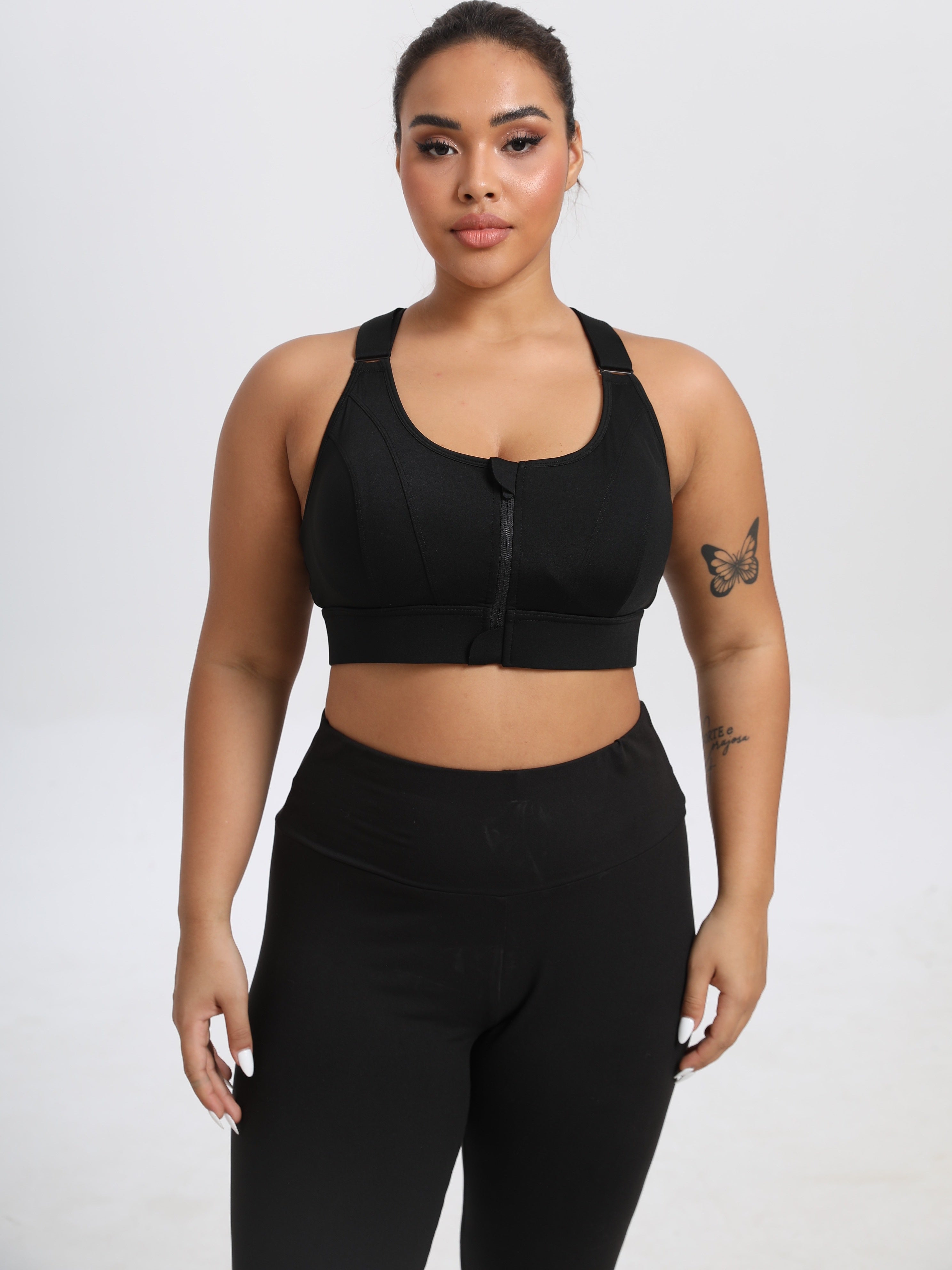 Women's Plus Size Black Sports Bra - Comfort Fit, Adjustable Straps, Front Zipper