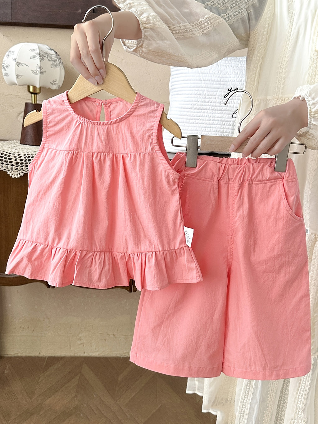 2pcs Wide Shoulder Dress and Shorts Set for Girls, Summer Lightweight Solid Color