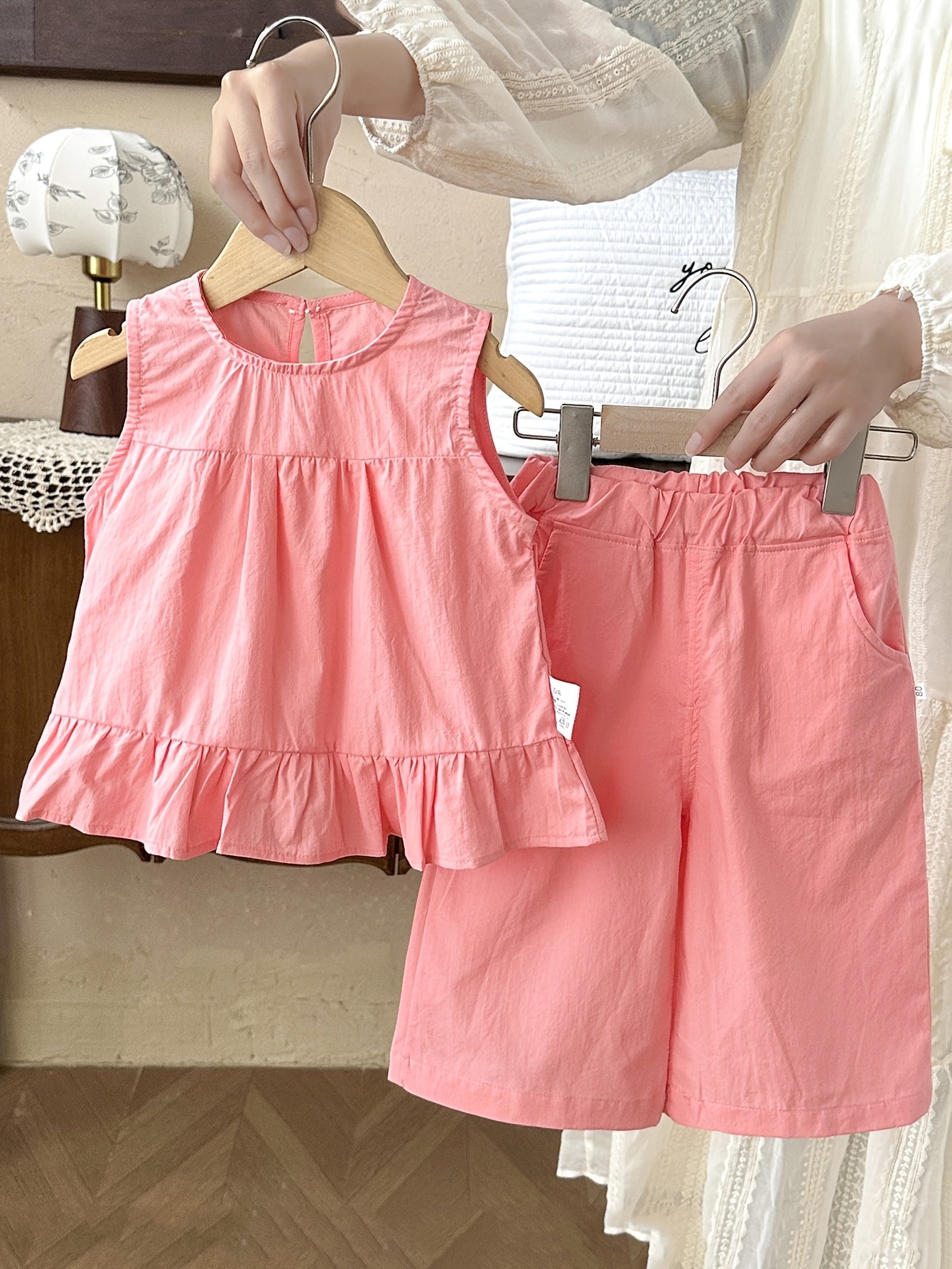 2pcs Wide Shoulder Dress and Shorts Set for Girls, Summer Lightweight Solid Color