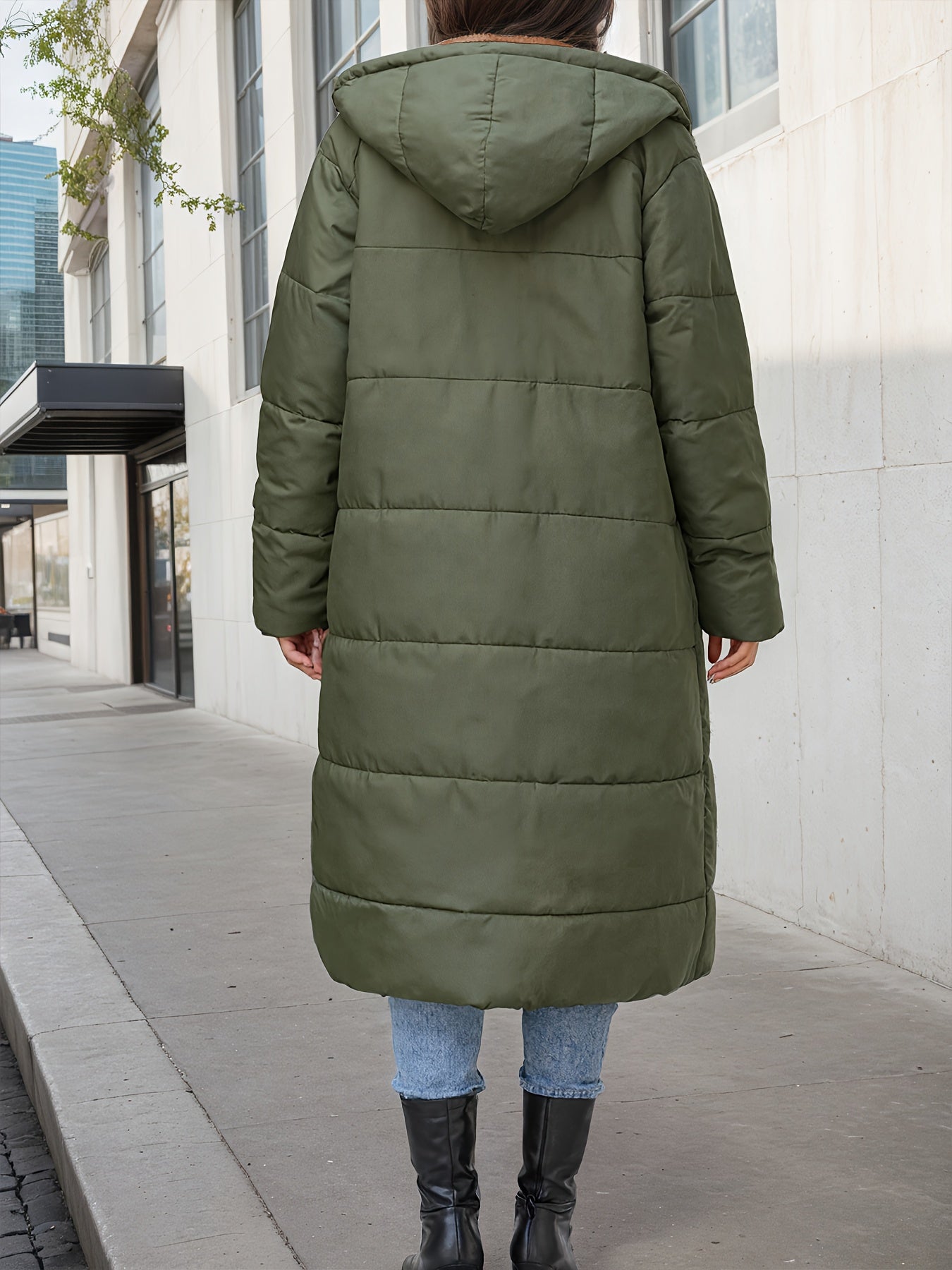 Women's Elegant Plush-Like Quilted Hooded Coat - Long Winter Jacket with Hood