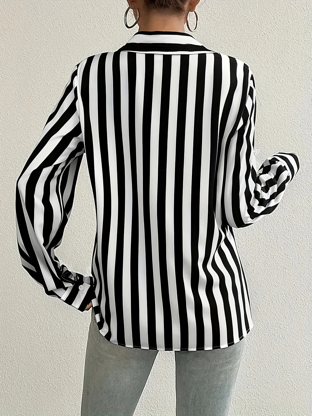 Black & White Striped Women's Casual Button-Up Shirt | Long Sleeve Collared Blouse with Chest Pocket, Polyester Fabric, Machine Washable,