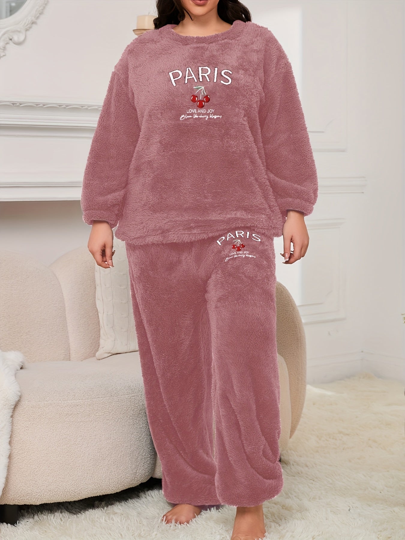 Women's Pajama Set with Letter and Cherry Print, Thickened Warm