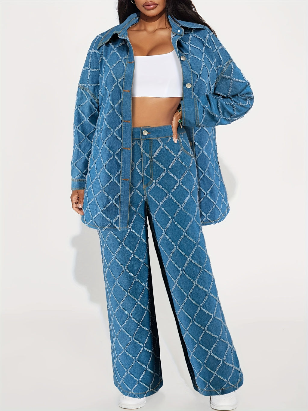 218571# Cross-Border Women's Plaid Craft Denim Two-Piece Set