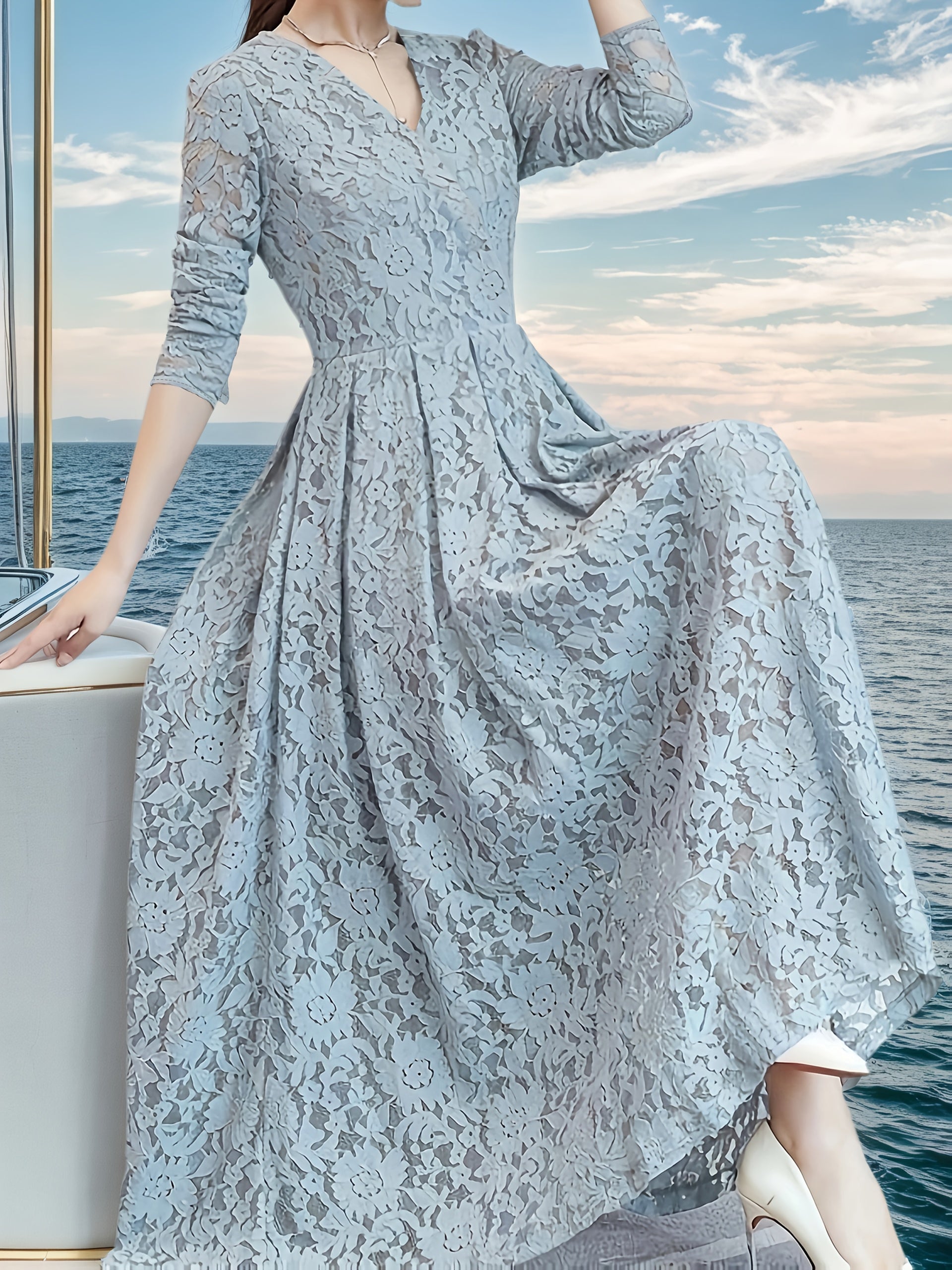 Women's Elegant Lace Panel V-Neck Dress with Zipper Back, Slim-Fit Bodice & Flowy Skirt