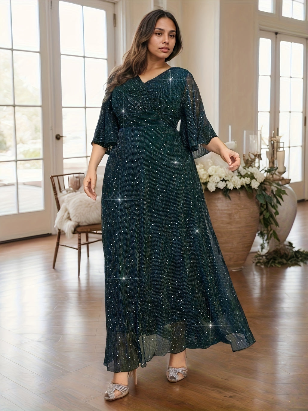 Plus Size Middle Eastern Sequined V-Neck Bridesmaid Dress with Ruffle Sleeves