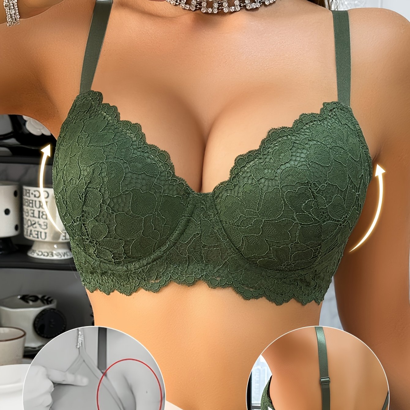 [Gentle Care] Sexy Green Lace Push-Up Bra for Women - Comfortable Underwire Support, Thin Cup Design, Elegant Lace Detailing, Non-Removable Pads, Hand Wash Only