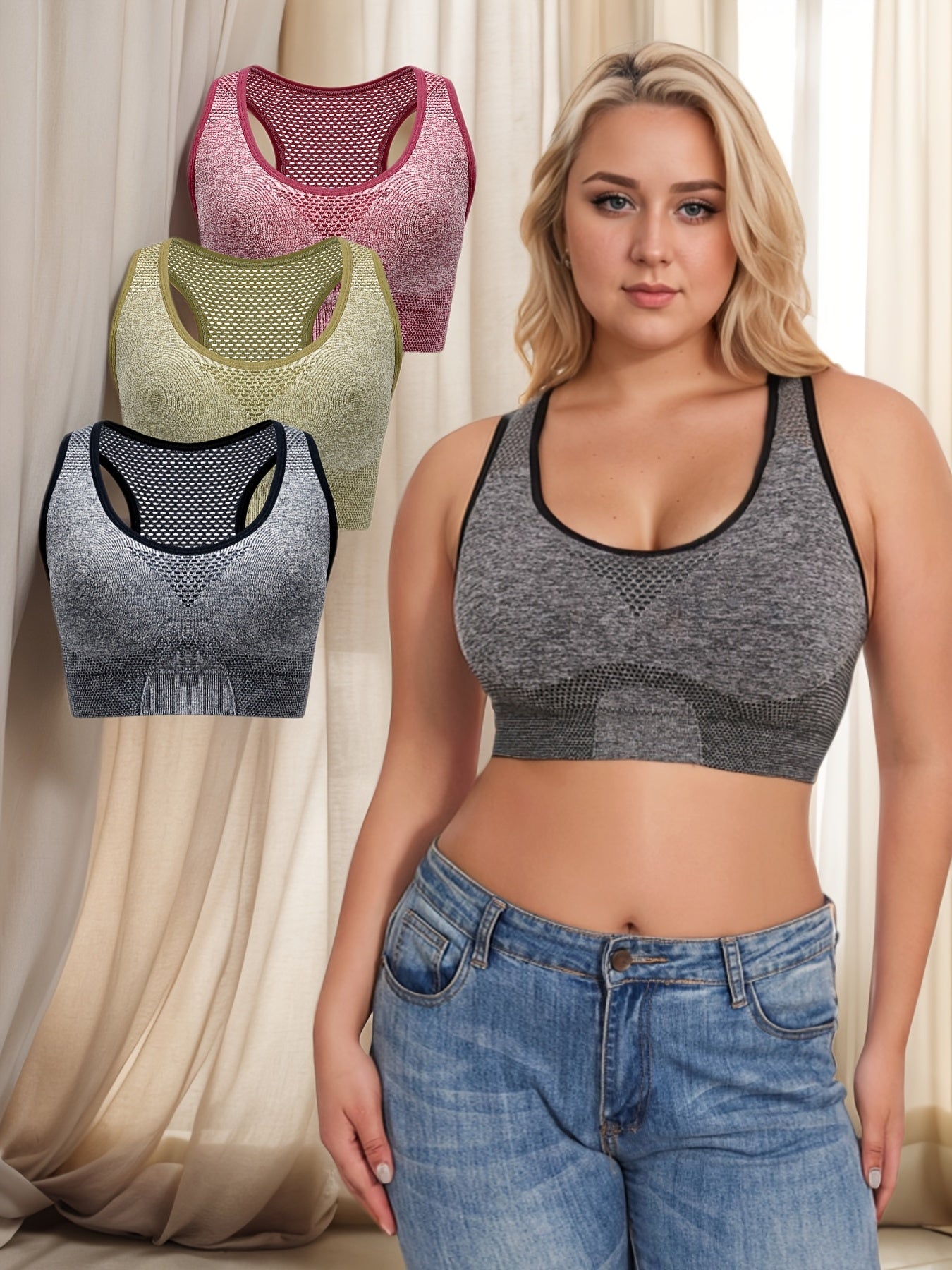 3pcs Breathable Lingerie, Large Size, No Steel Ring, No Trace, Hollow Grid, Thin Sports Yoga Bra, Zero Restriction, Large Size, No Steel Ring, No