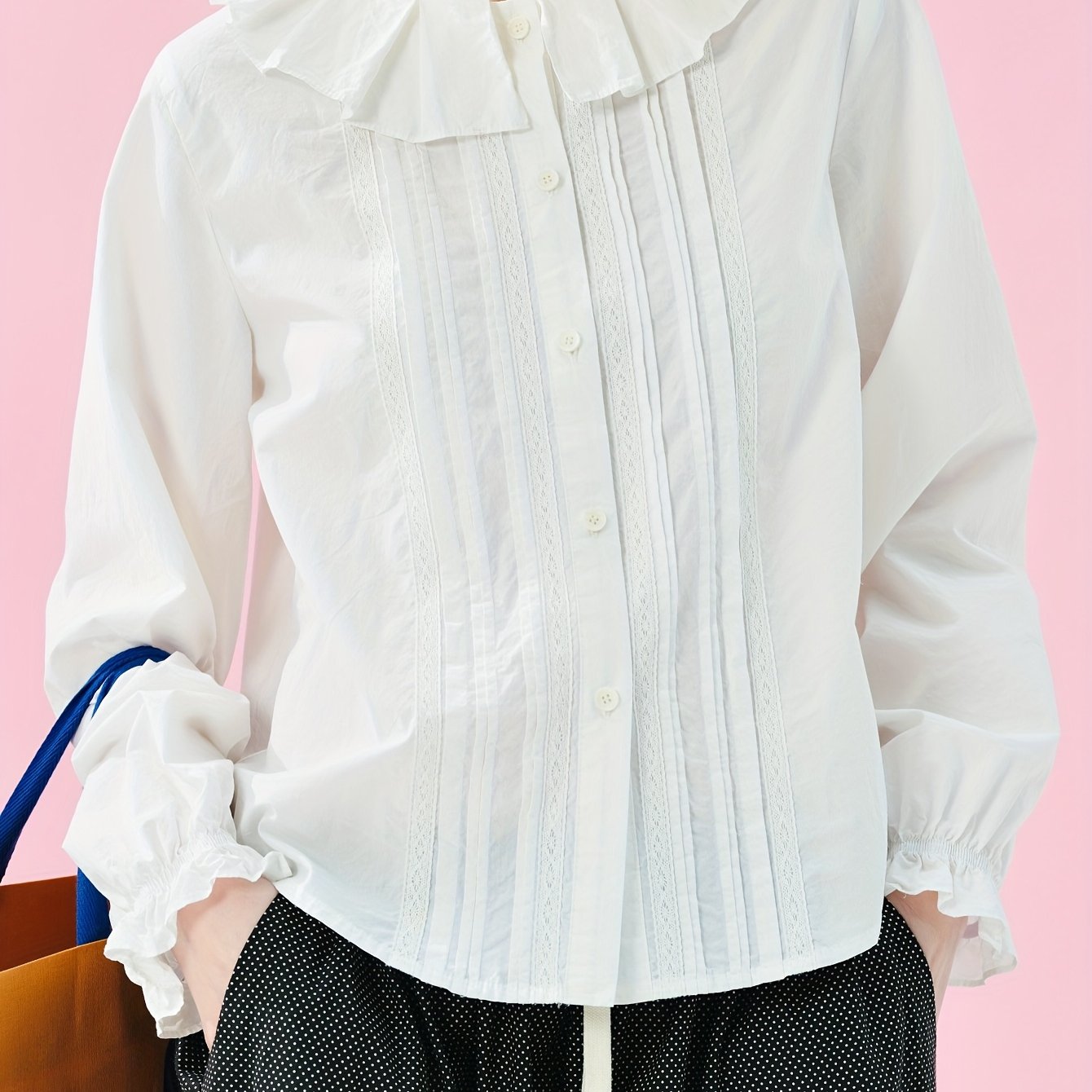 Women's Elegant Lace Trim Blouse - Long Sleeve Button-Front Shirt with Ruffled Collar