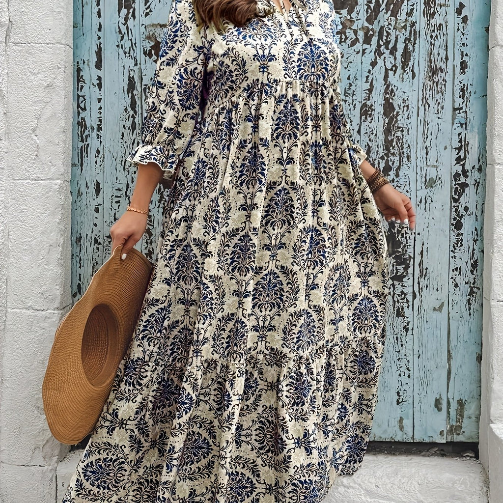 Floral Print, 3/4 Sleeve, Ruffle Hem, Polyester