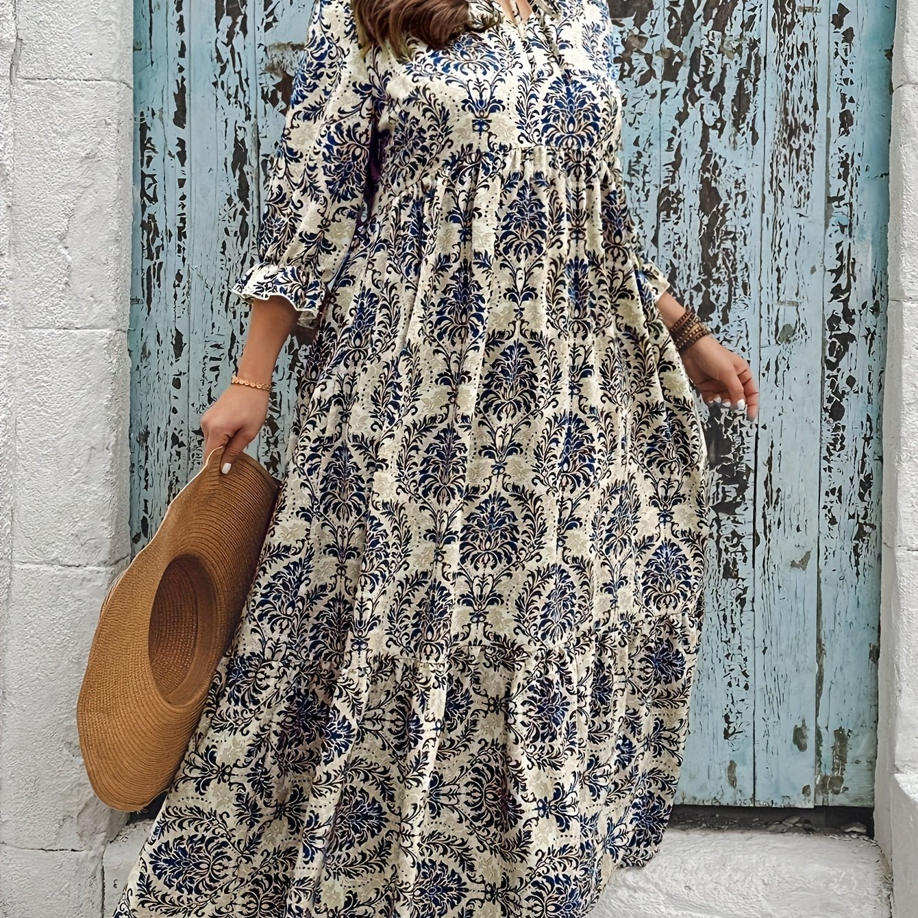 Floral Print, 3/4 Sleeve, Ruffle Hem, Polyester