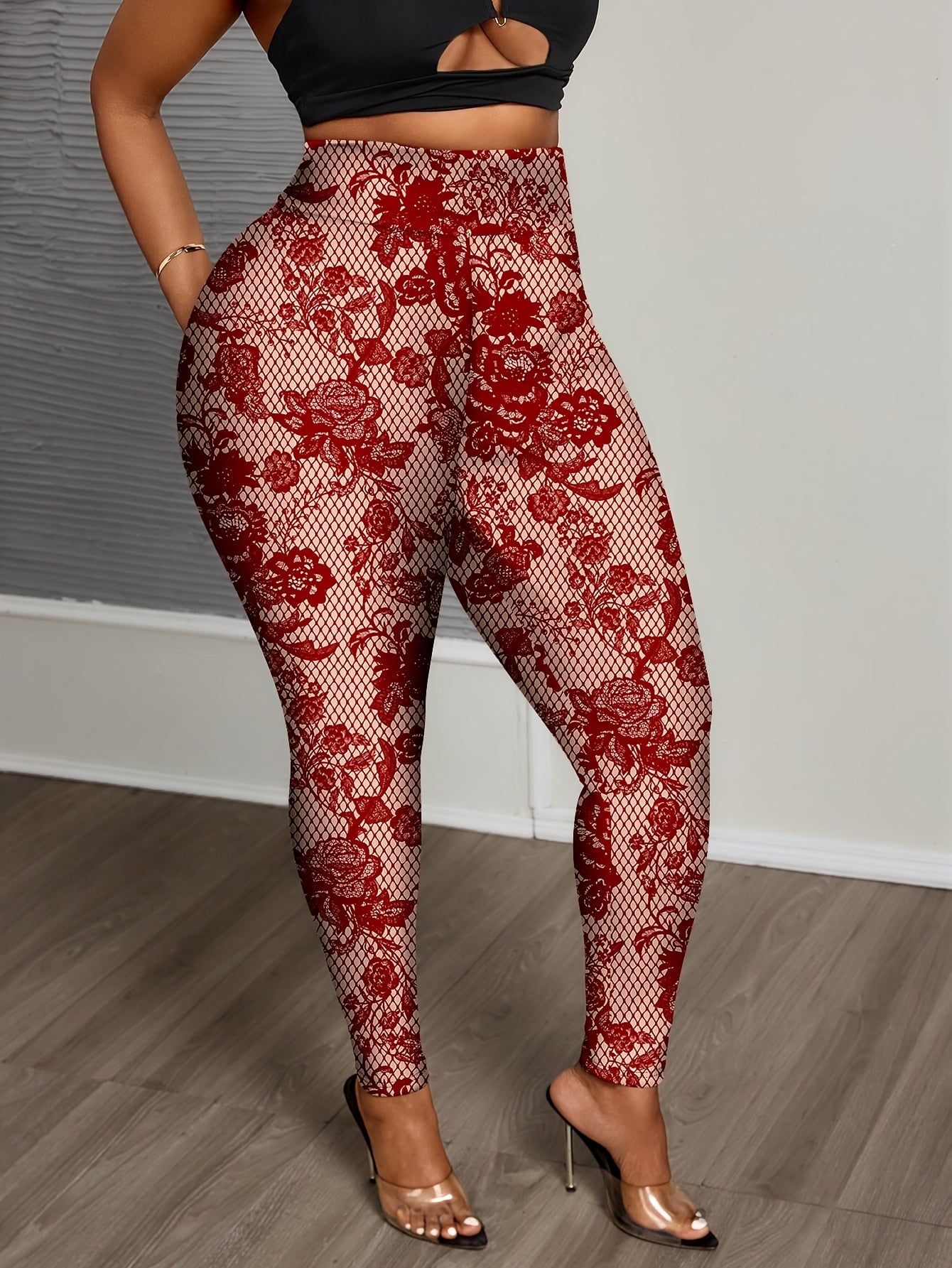 Women's Plus Size Floral Print Leggings - High Waist, Skinny Fit