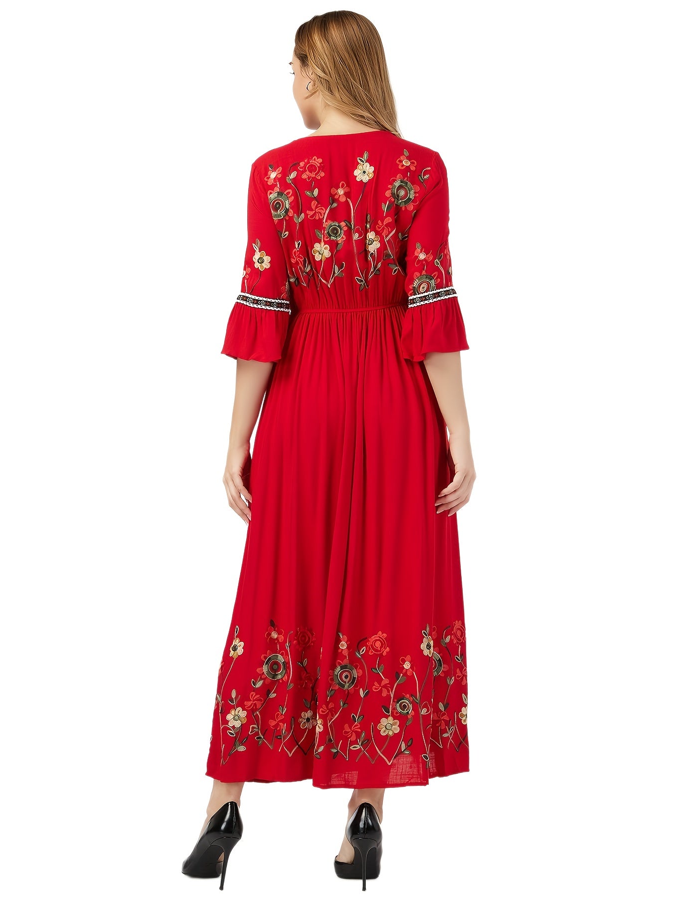 Elegant Green Embroidered Maxi Dress with V-Neck and Ruffle Sleeves