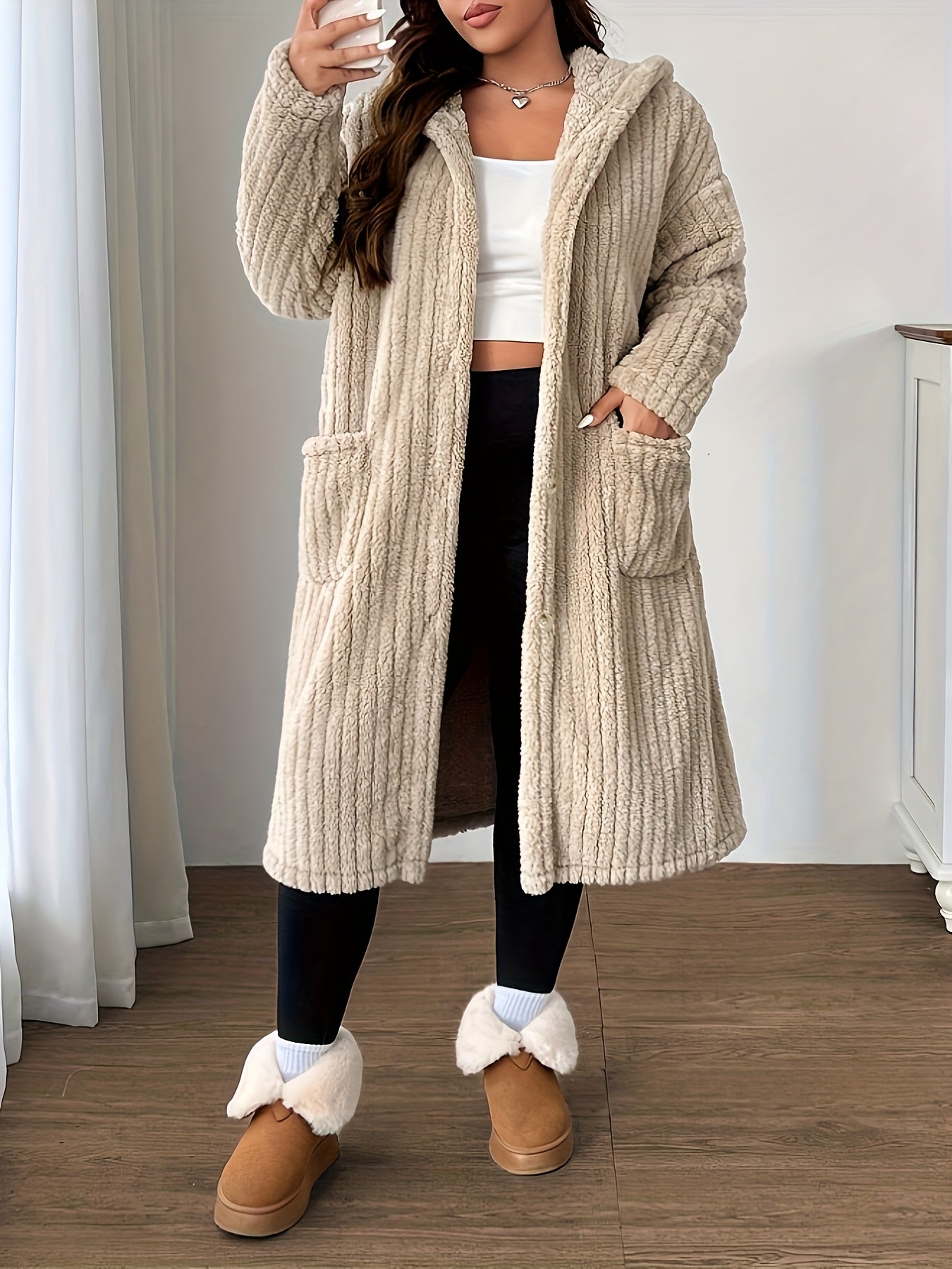 Plus-Size Women's Hooded Long-Sleeve Plush Coat