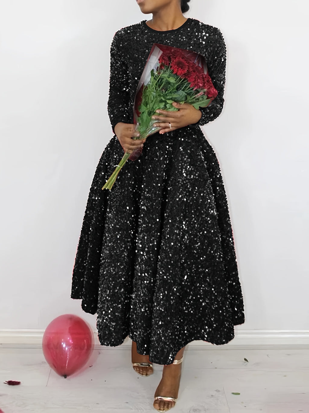 Women's Red Long Dress with a Round Neck, Perfect for Christmas Parties And New Year Celebrations