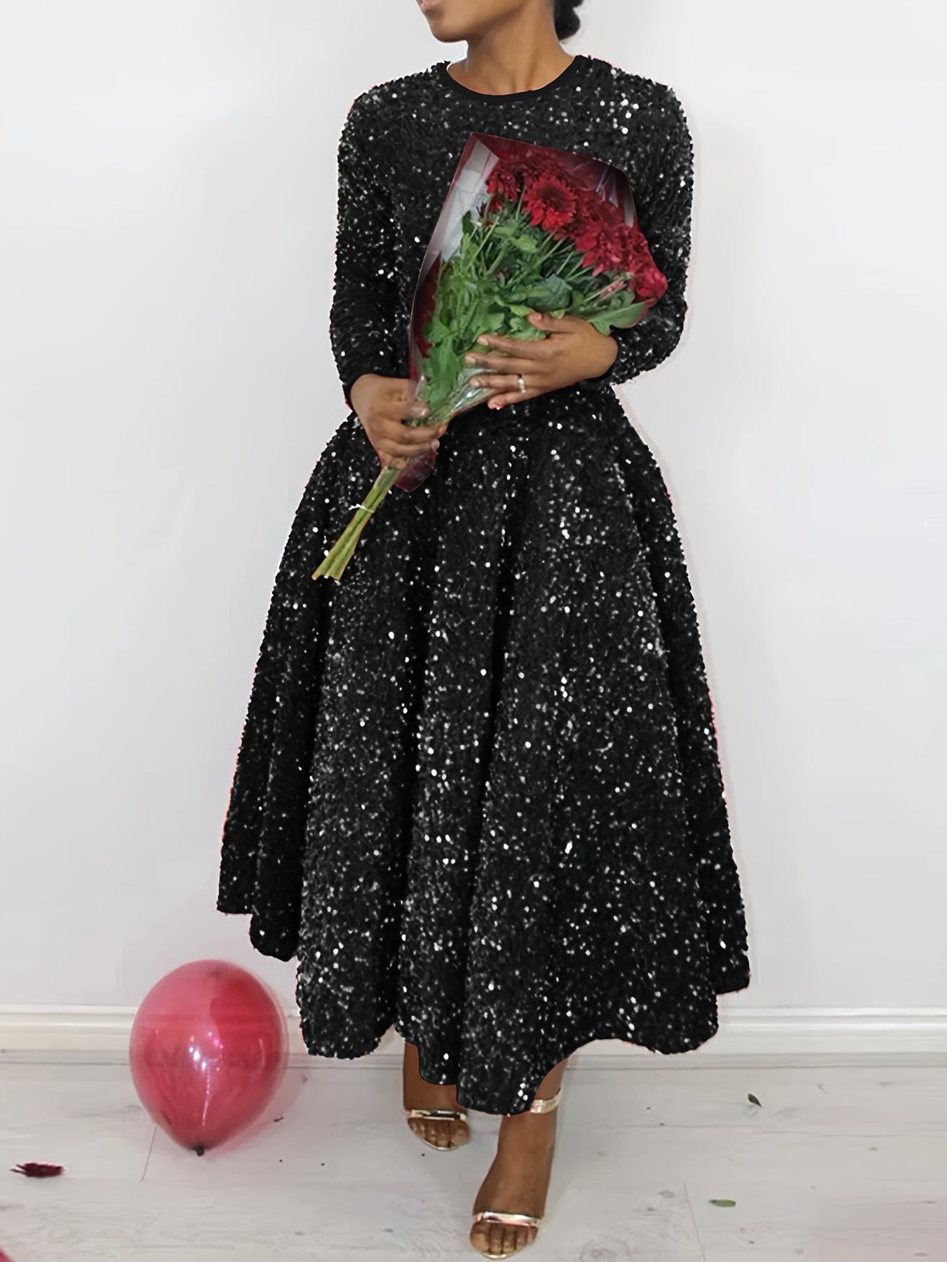 Women's Red Long Dress with a Round Neck, Perfect for Christmas Parties And New Year Celebrations