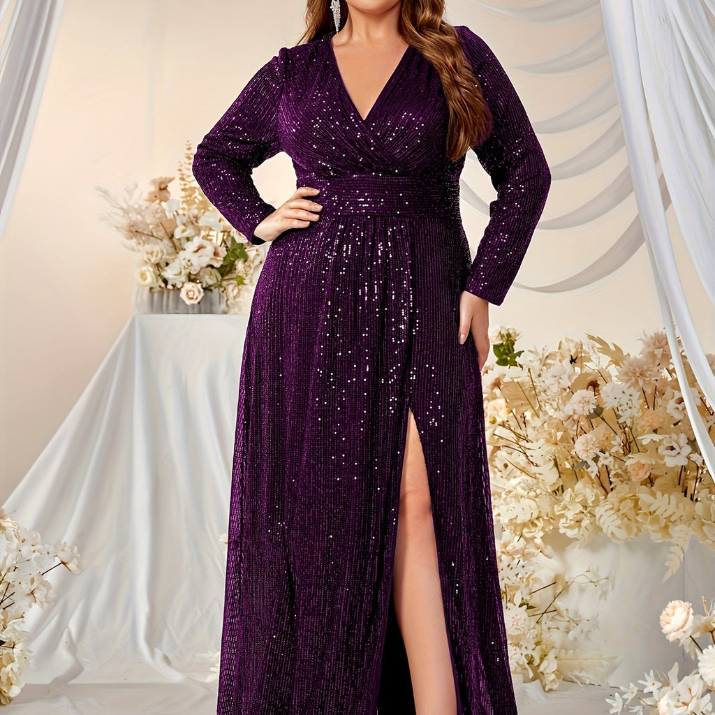 Elegant Plus Size Black Sequin V-Neck Long Sleeve Evening Gown with Side Slit
