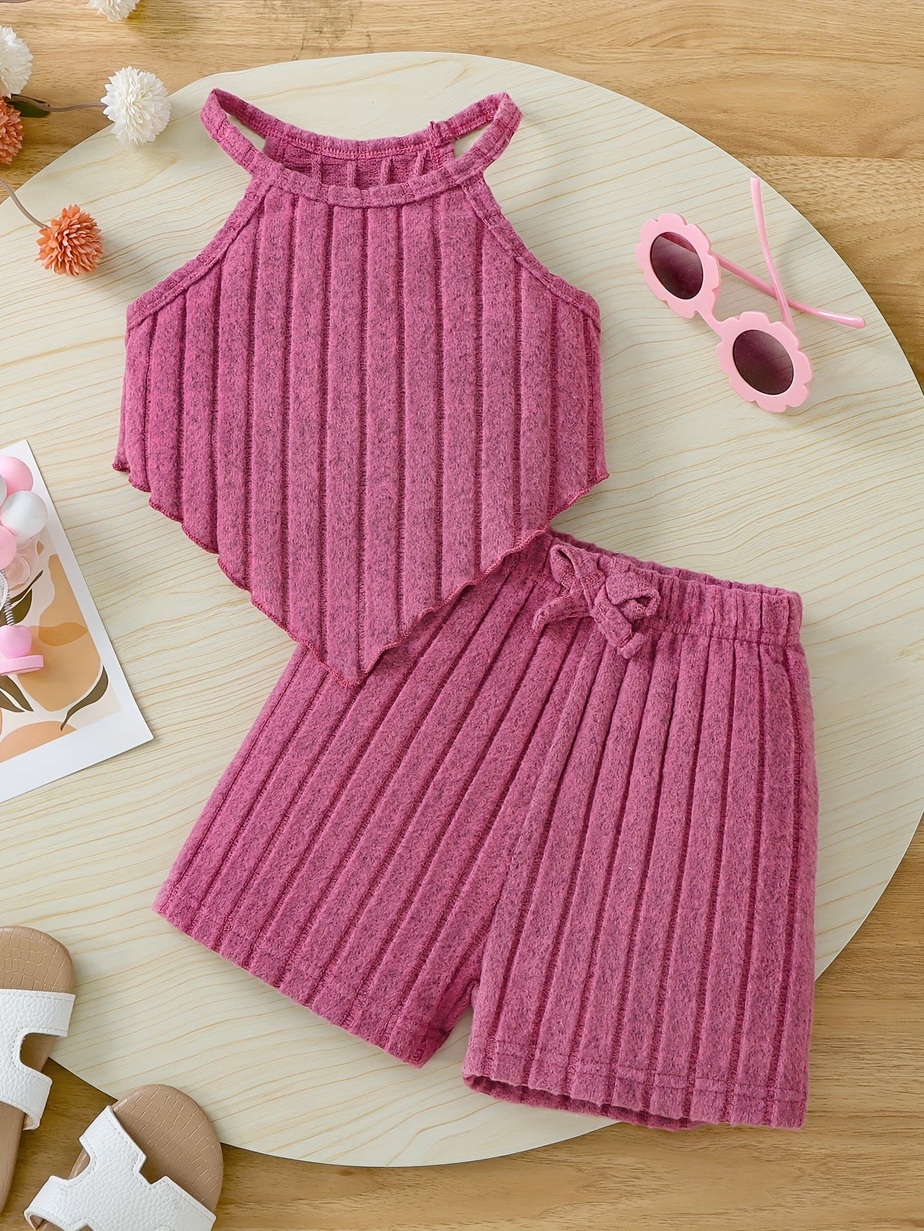 2pcs Summer Girls' Solid Color Crop Top and Bow-Decorated Striped Pants Set