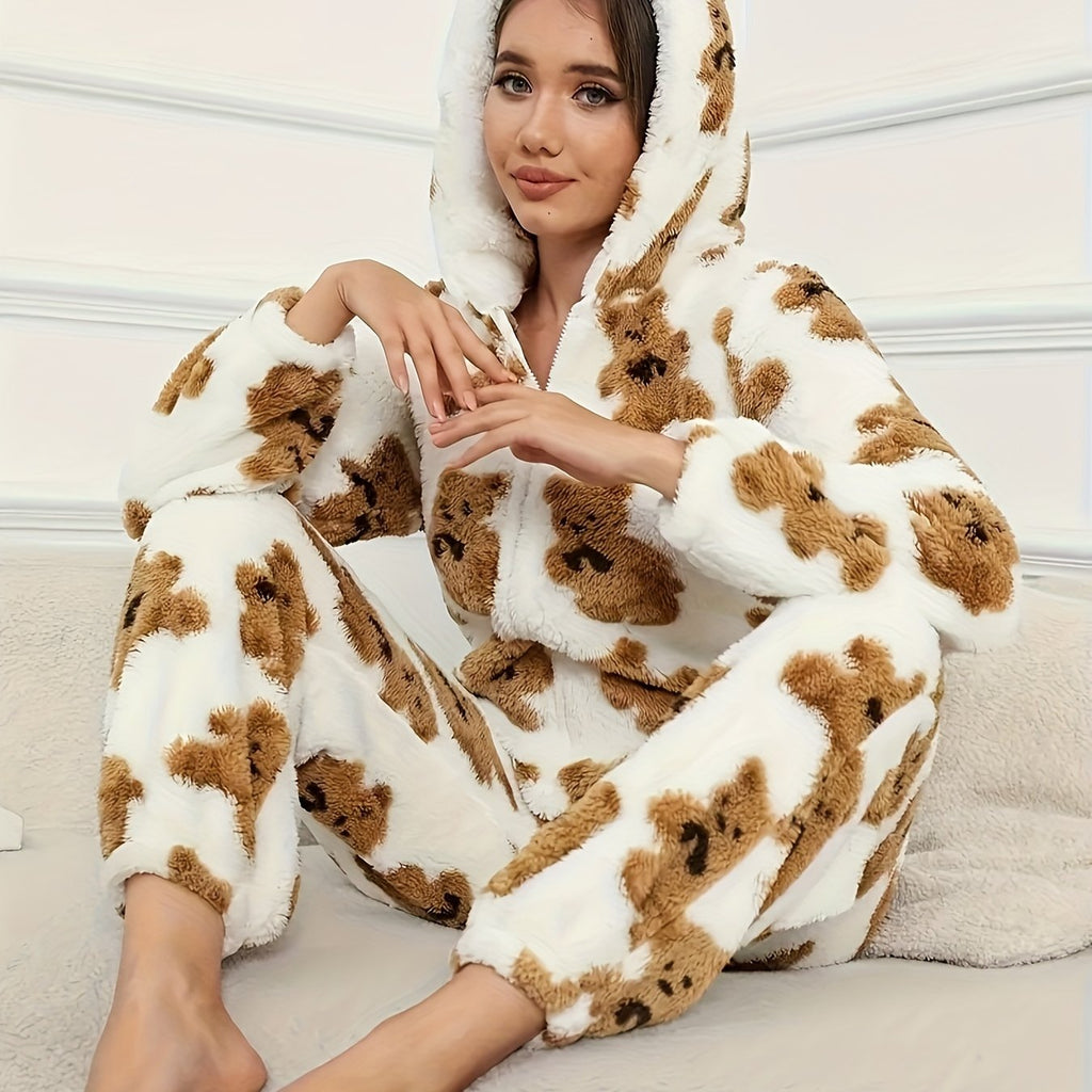 Bear Pattern Zip Up Hooded Fuzzy Jumpsuit, Elegant Long Sleeve Jumpsuit For Fall & Winter
