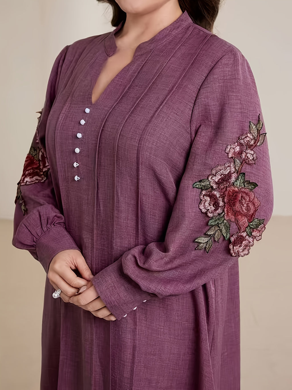 Plus Size Women's Elegant Embroidered V-Neck Long Sleeve Dress and Loose Pants Two-Piece Set