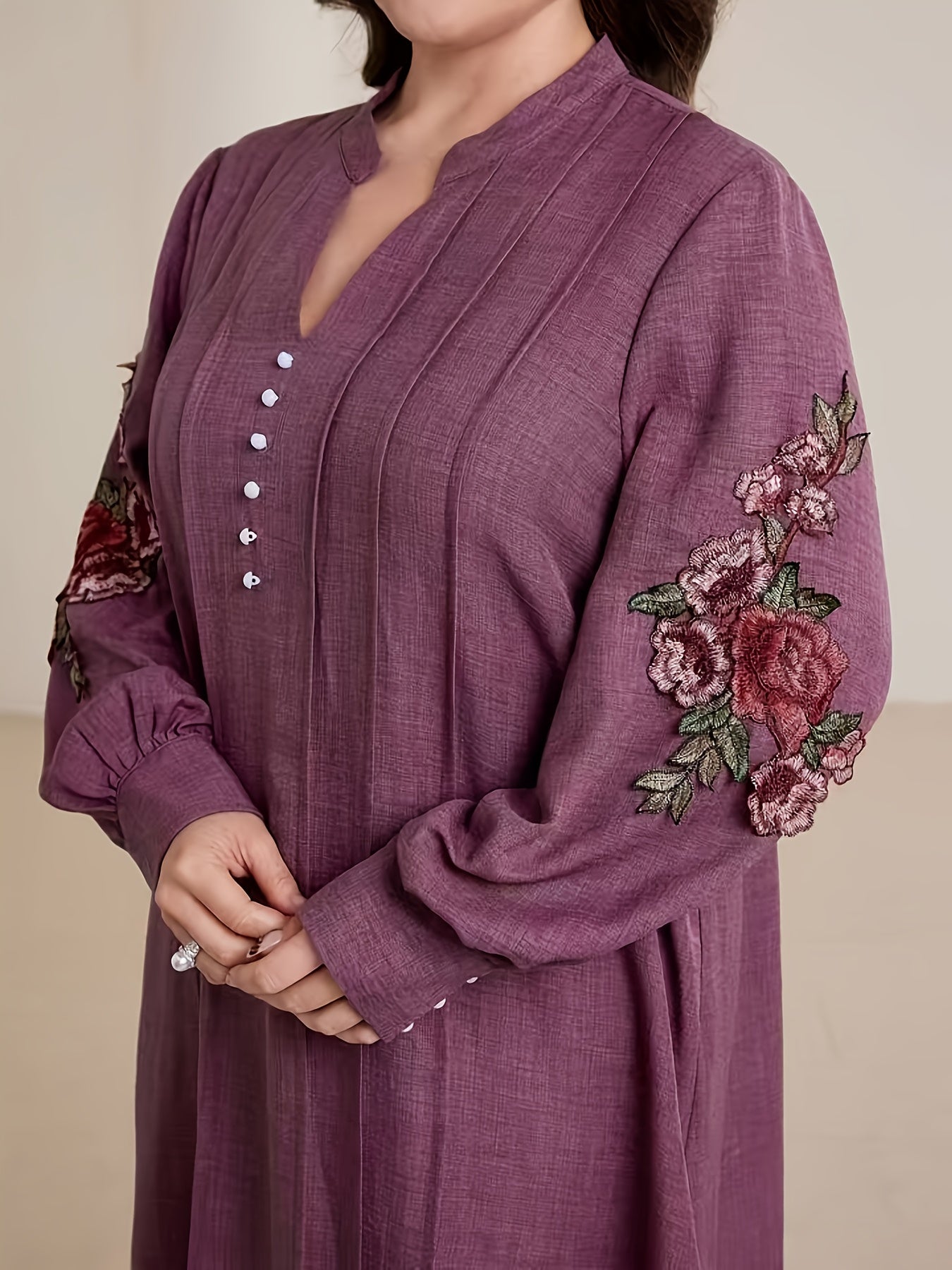 Plus Size Women's Elegant Embroidered V-Neck Long Sleeve Dress and Loose Pants Two-Piece Set