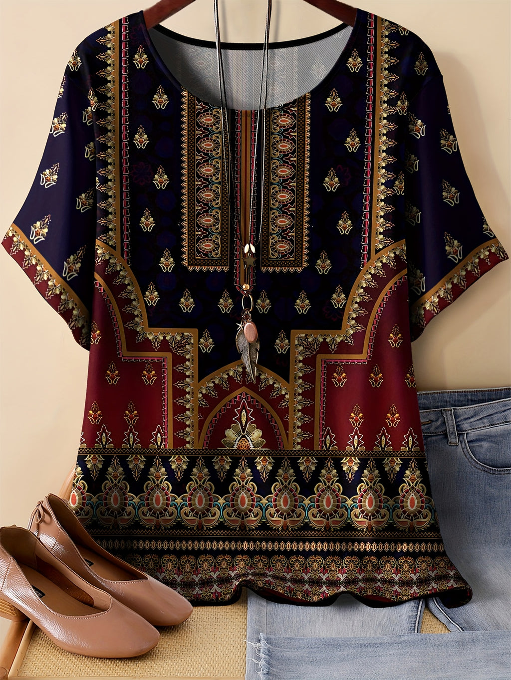 Bohemian Print T-Shirt, Comfortable Polyester Blend