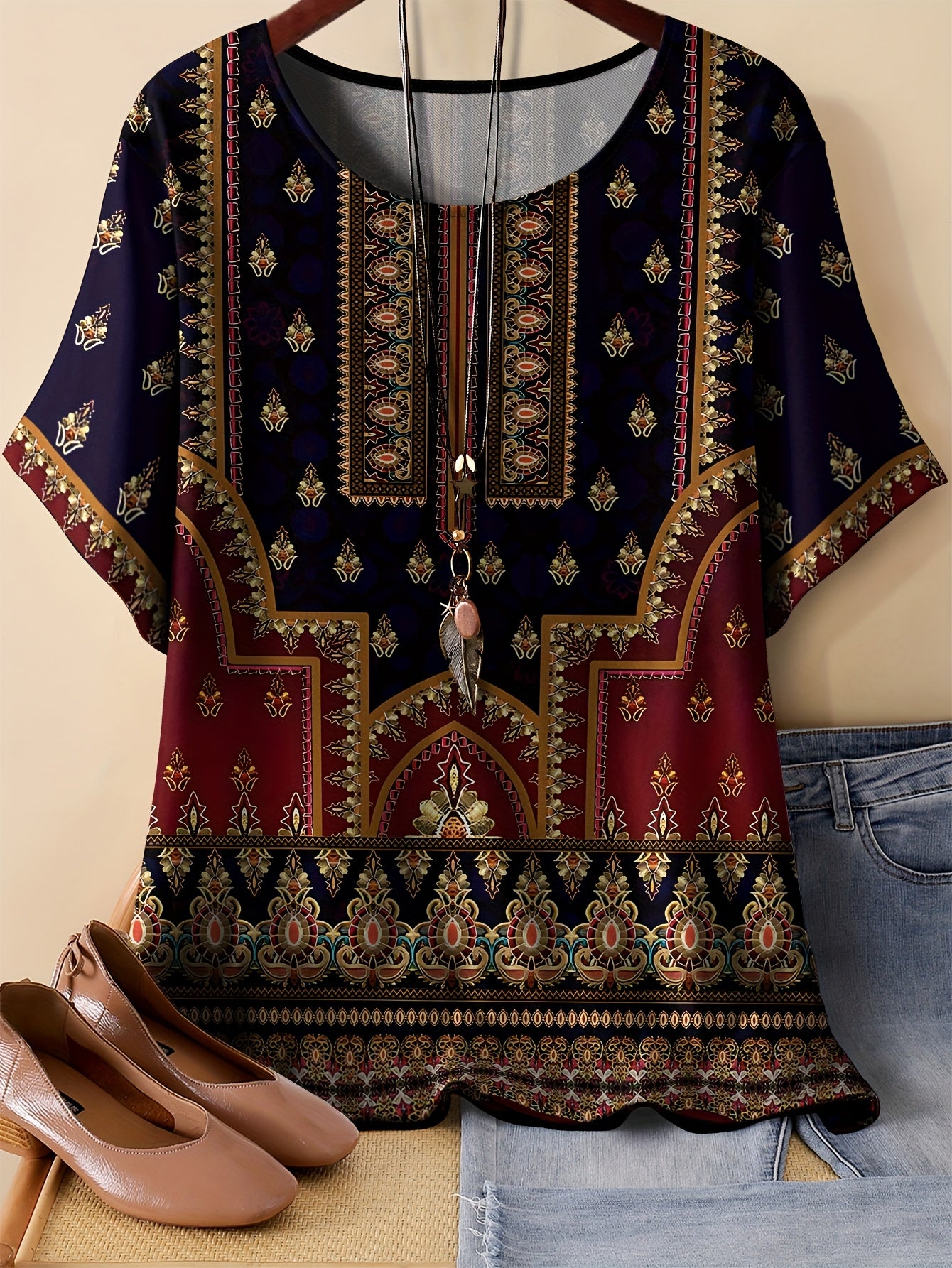 Bohemian Print T-Shirt, Comfortable Polyester Blend