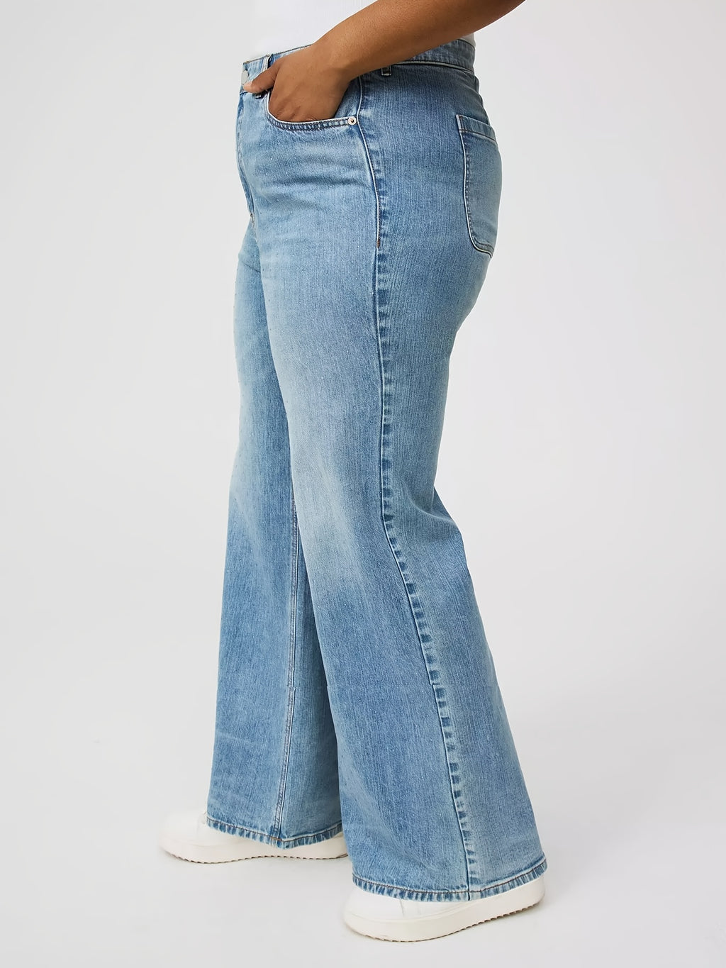 Women's Wide-Leg High-Waisted Wash Blue Jeans - Plus Size Stretch Denim Pants