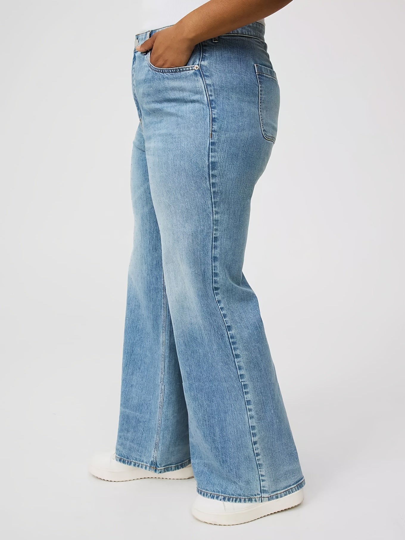 Women's Wide-Leg High-Waisted Wash Blue Jeans - Plus Size Stretch Denim Pants