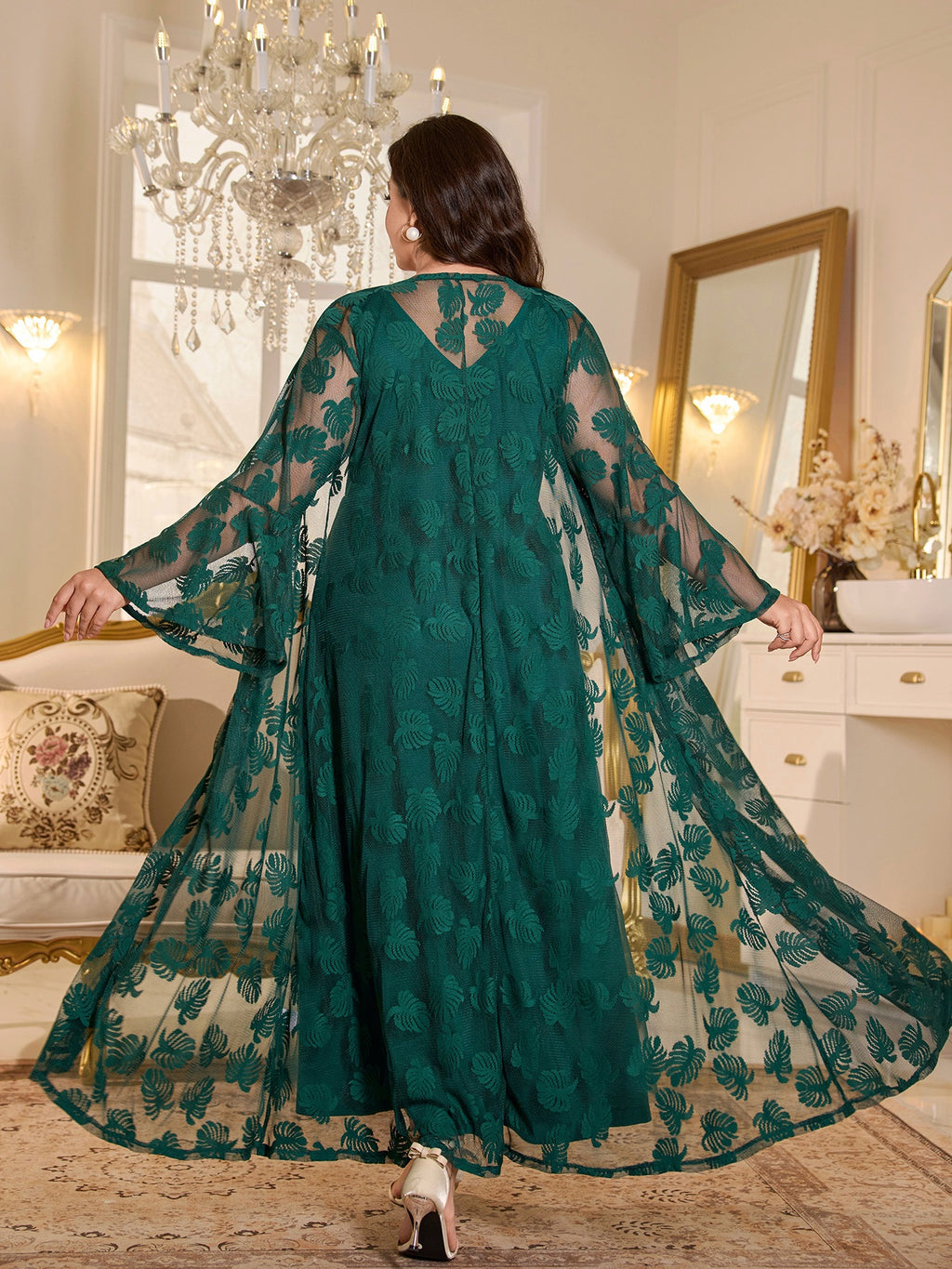 Plus Size - Elegant Round Neck Mesh Embroidery V-Neck Slim Long Dress