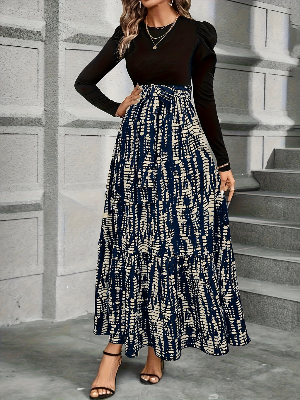 Women's Elegant Bubble Long Sleeve Midi Dress with Adjustable Waist Belt