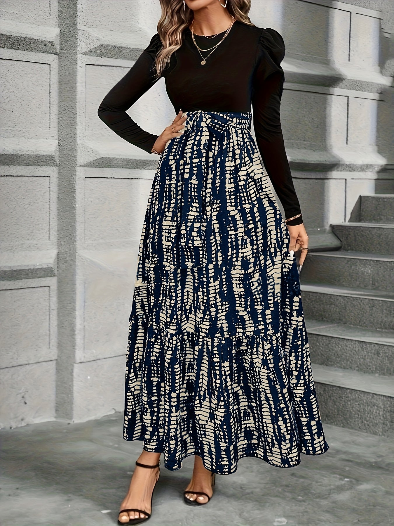 Women's Elegant Bubble Long Sleeve Midi Dress with Adjustable Waist Belt