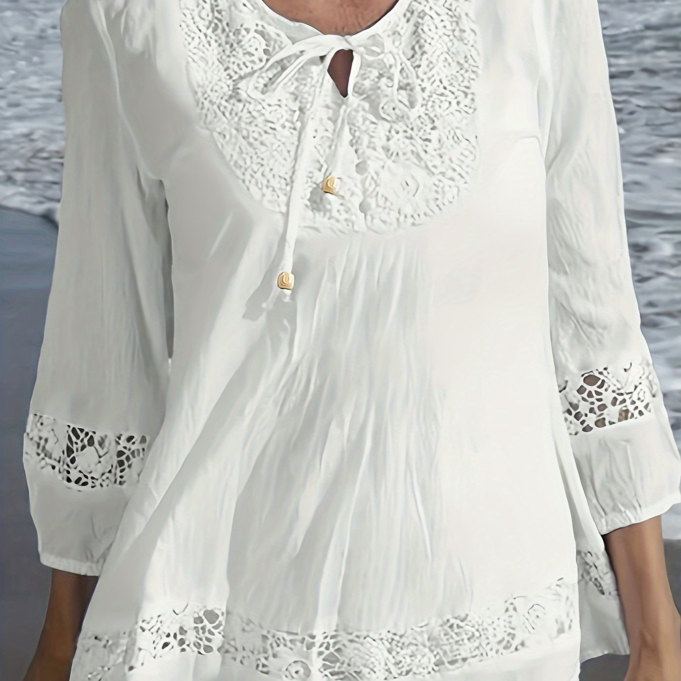 Casual Tie-neck 3/4 Sleeve Blouse For Spring, Women's Plus Size