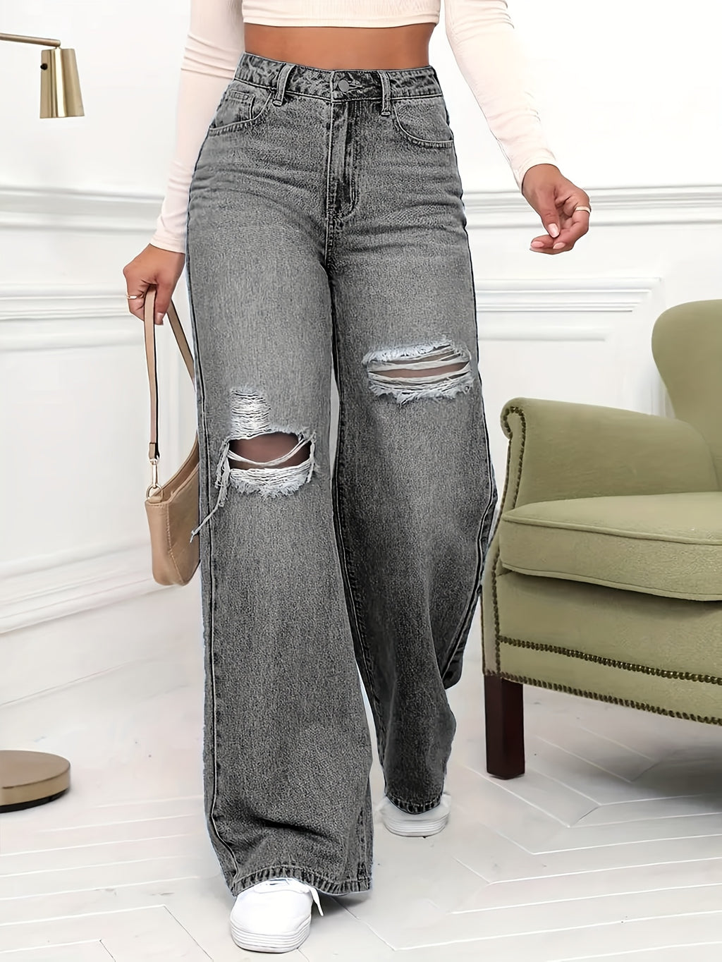 Women's Plus Size High-Waisted Stretch Pants with Distressed Knee Rips