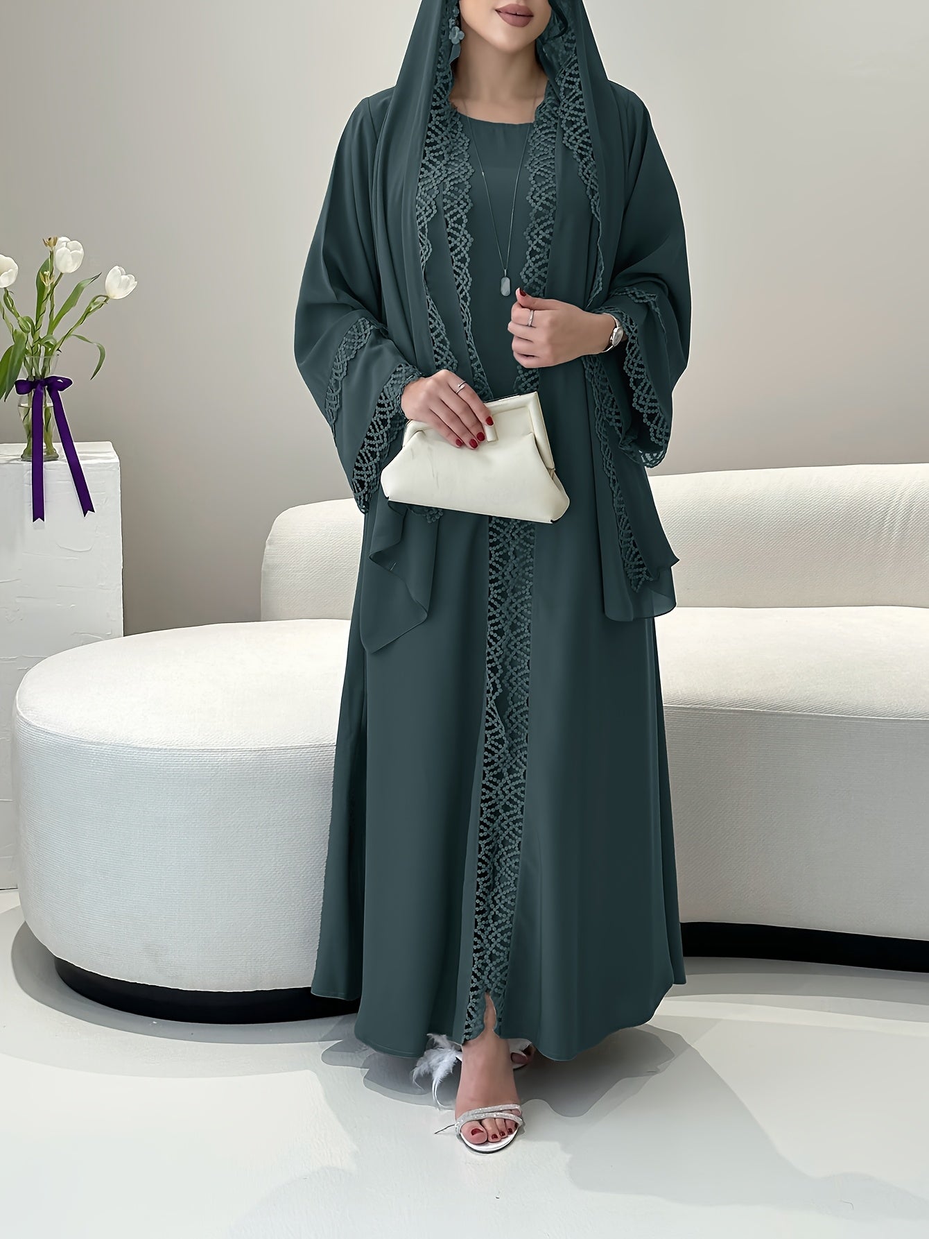 2pcs Set with Lace Trim Muslim Kaftan