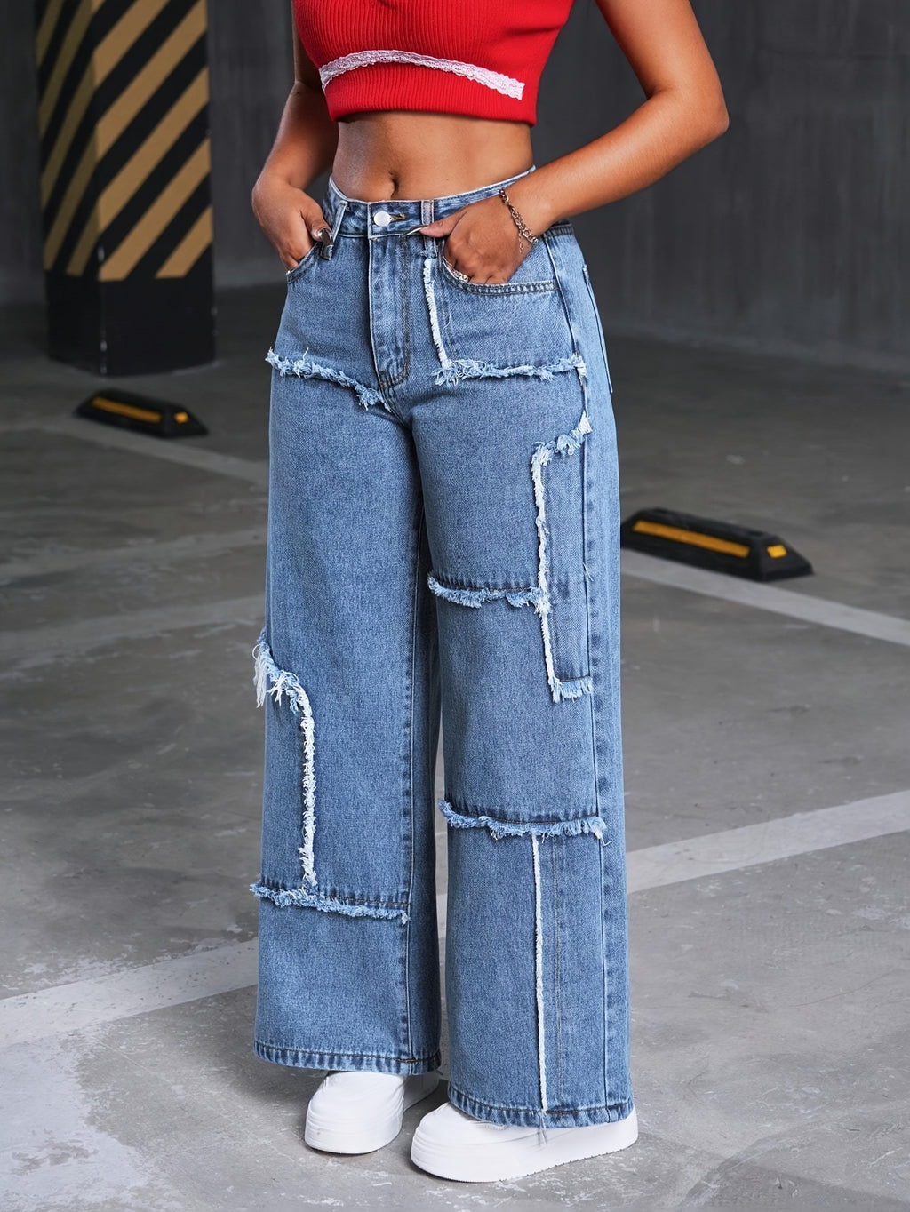 Women's Mid-Rise Stretch Denim Wide-Leg Pants - Asymmetrical Knee-Length Fringe Detail