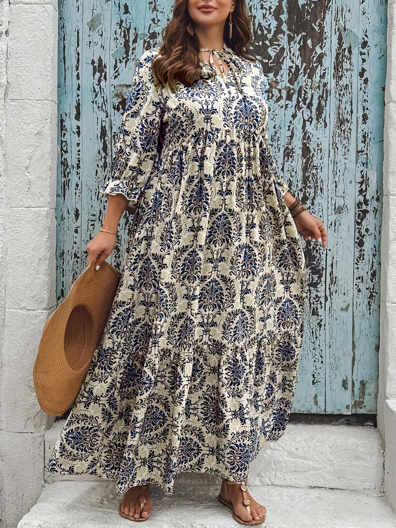 Floral Print, 3/4 Sleeve, Ruffle Hem, Polyester