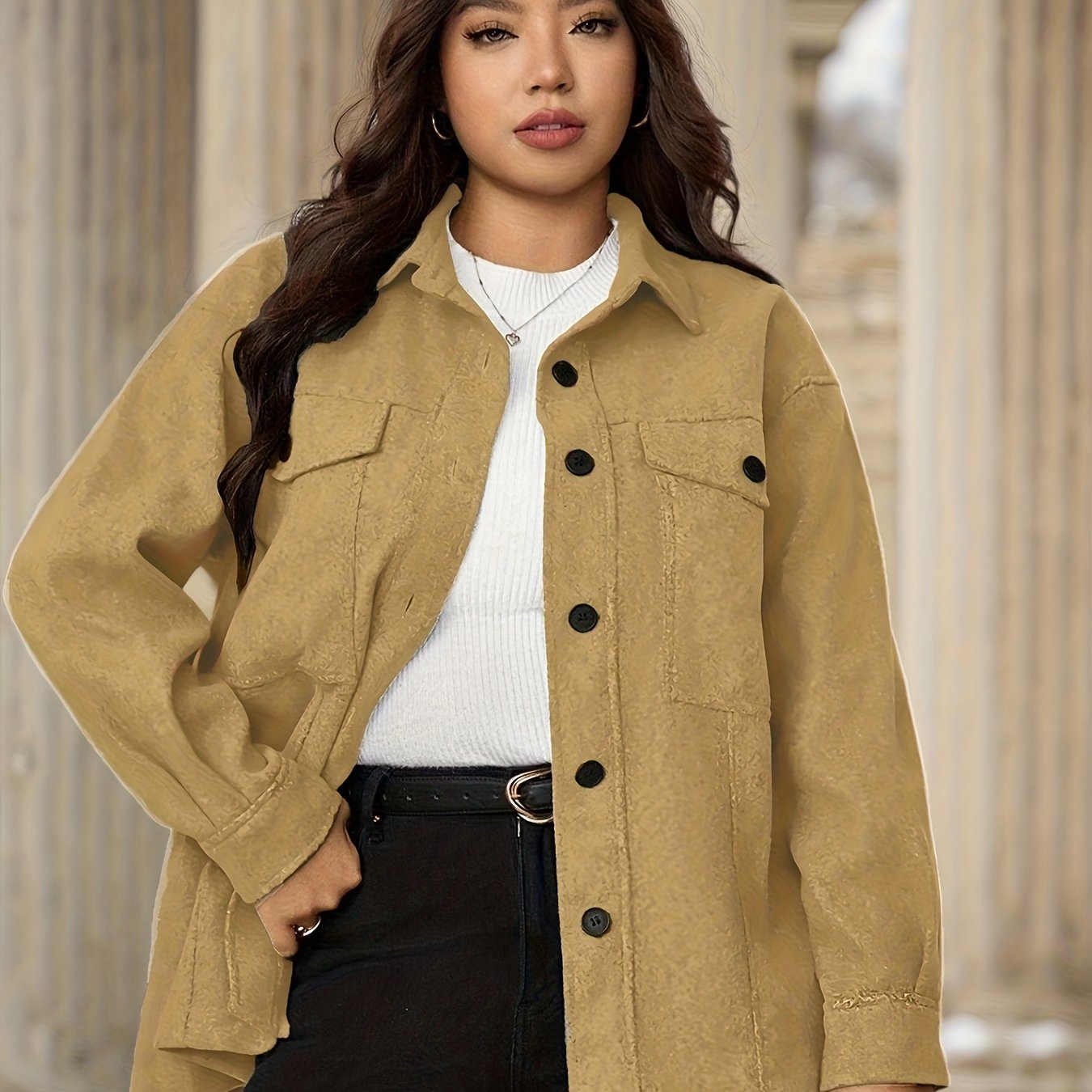 Plus Size Women's Casual Drop Shoulder Flap Pocket Shirt Mid-Weight