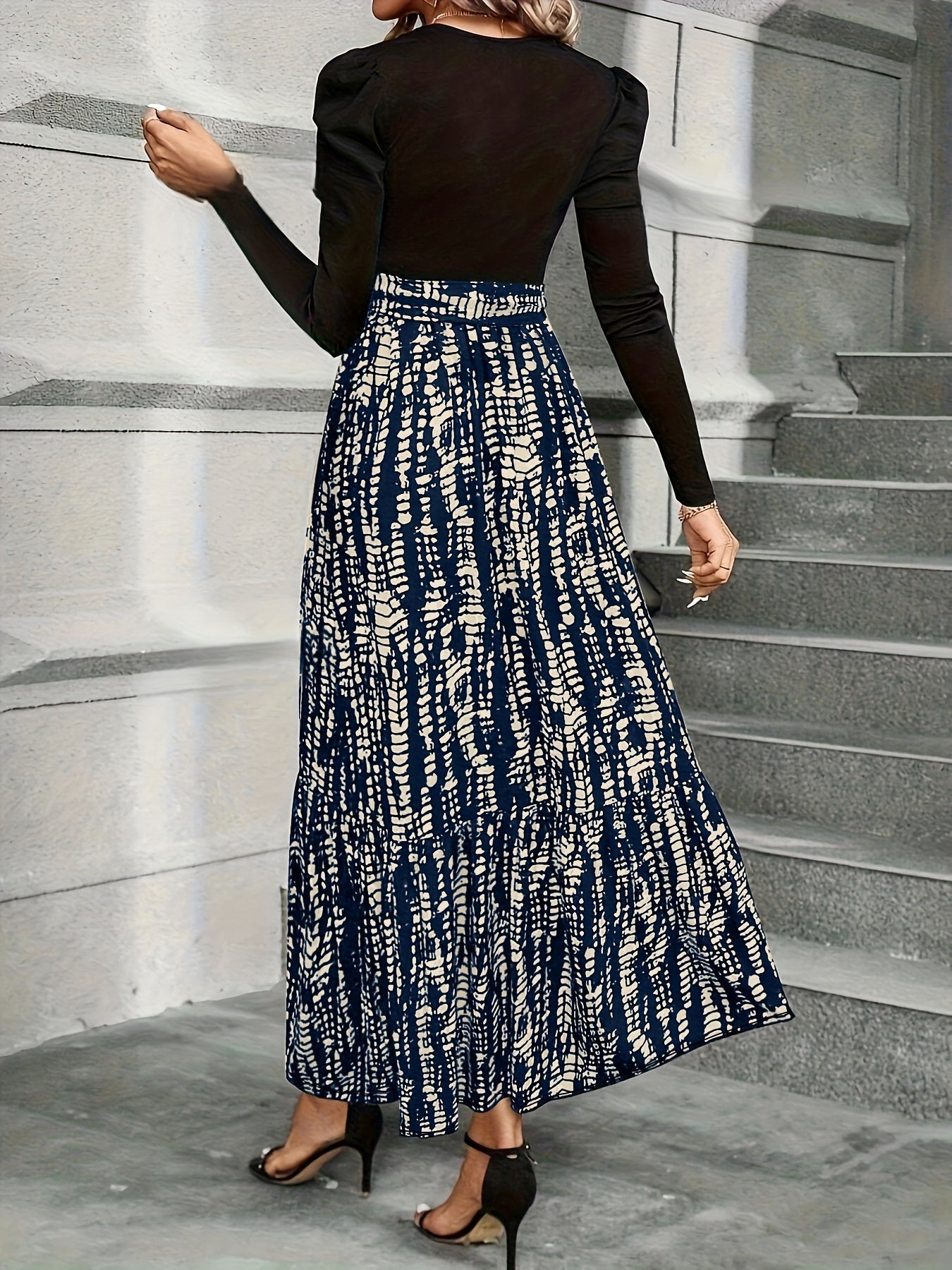 Women's Elegant Bubble Long Sleeve Midi Dress with Adjustable Waist Belt